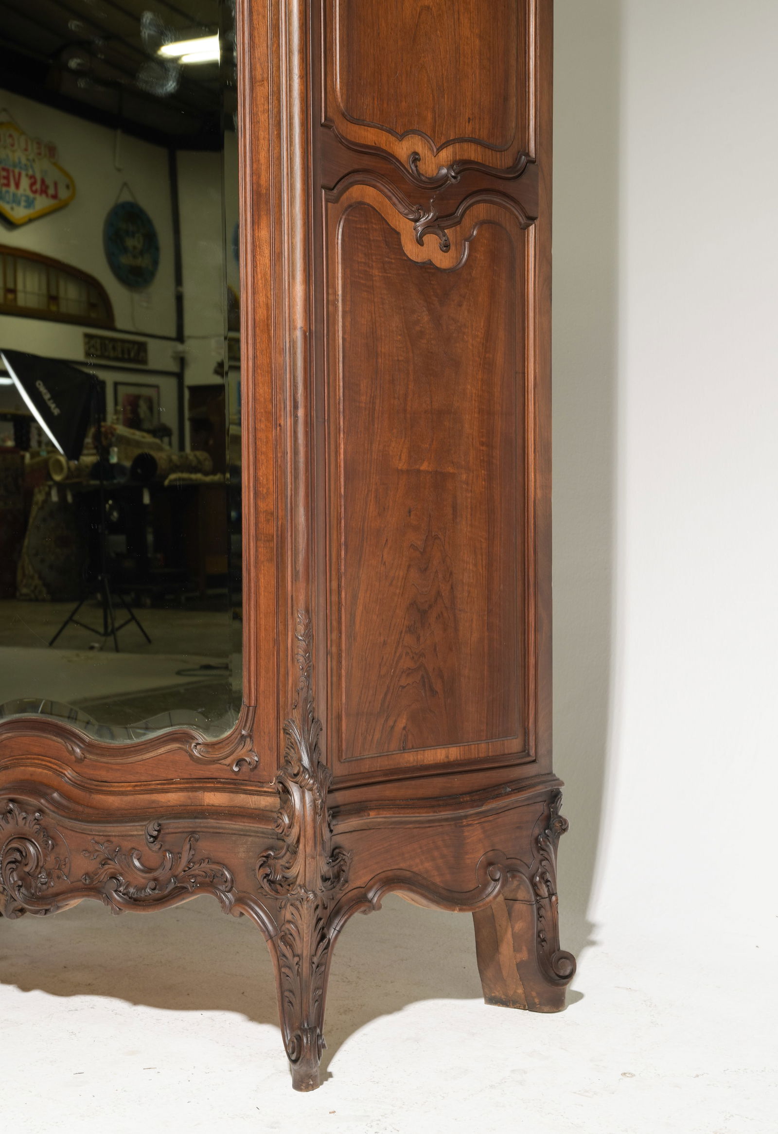 Louis XV Style Mirror Door Walnut Armoire - 8