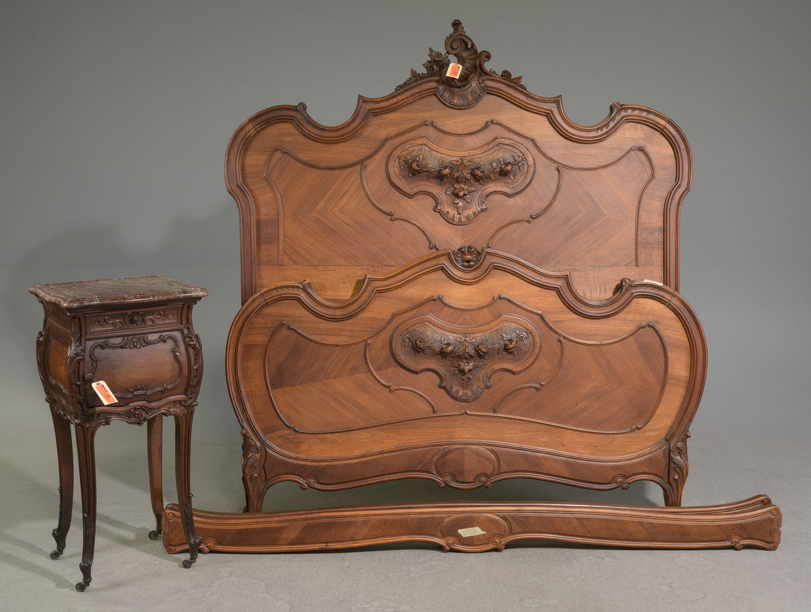 Louis XV Style Bed with Rails & Nightstand: French Louis XV Style Walnut Bed with Rails & Marble Top Nightstand - Headboard is 65 in tall x 59 x 3, Rails are 74.5 inches long each, Nightstand is 34 in tall x 17 x 14 - This bed is a European