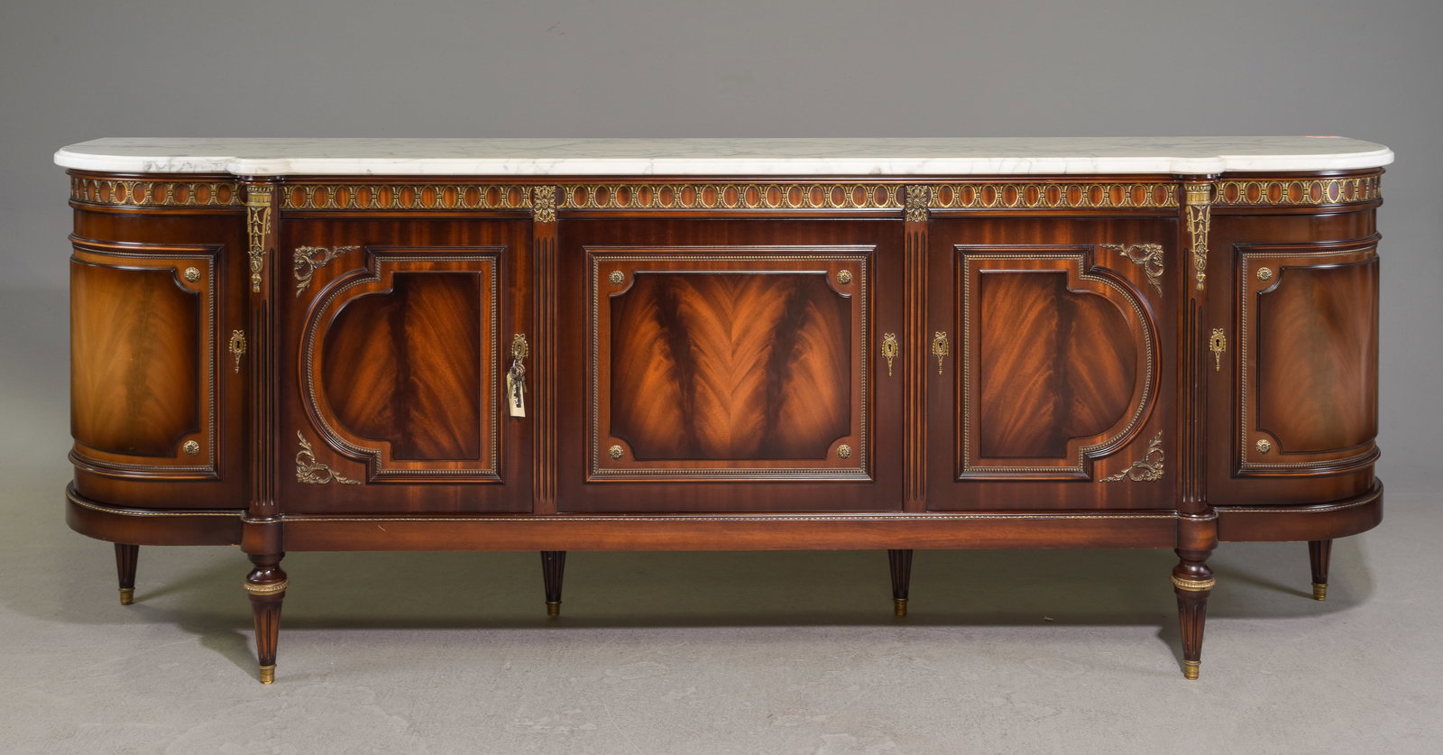 Louis XVI Style White Marble Top Curved Sideboard: French Louis XVI Style White Marble Top Curved Mahogany Sideboard / Enfilade - 39 in tall x 105.5 x 23