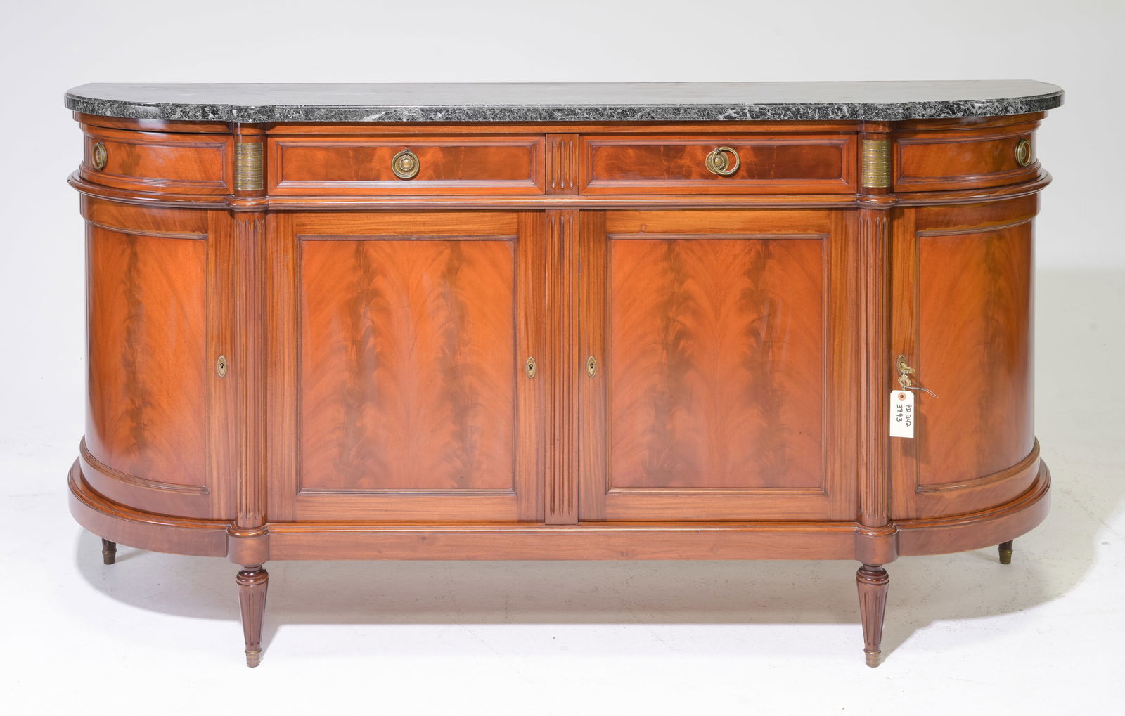 Louis XVI Style Green Marble Top Curved Sideboard: French Louis XVI Style Green Marble Top Curved Sideboard - 41 in tall x 79 x 21.5