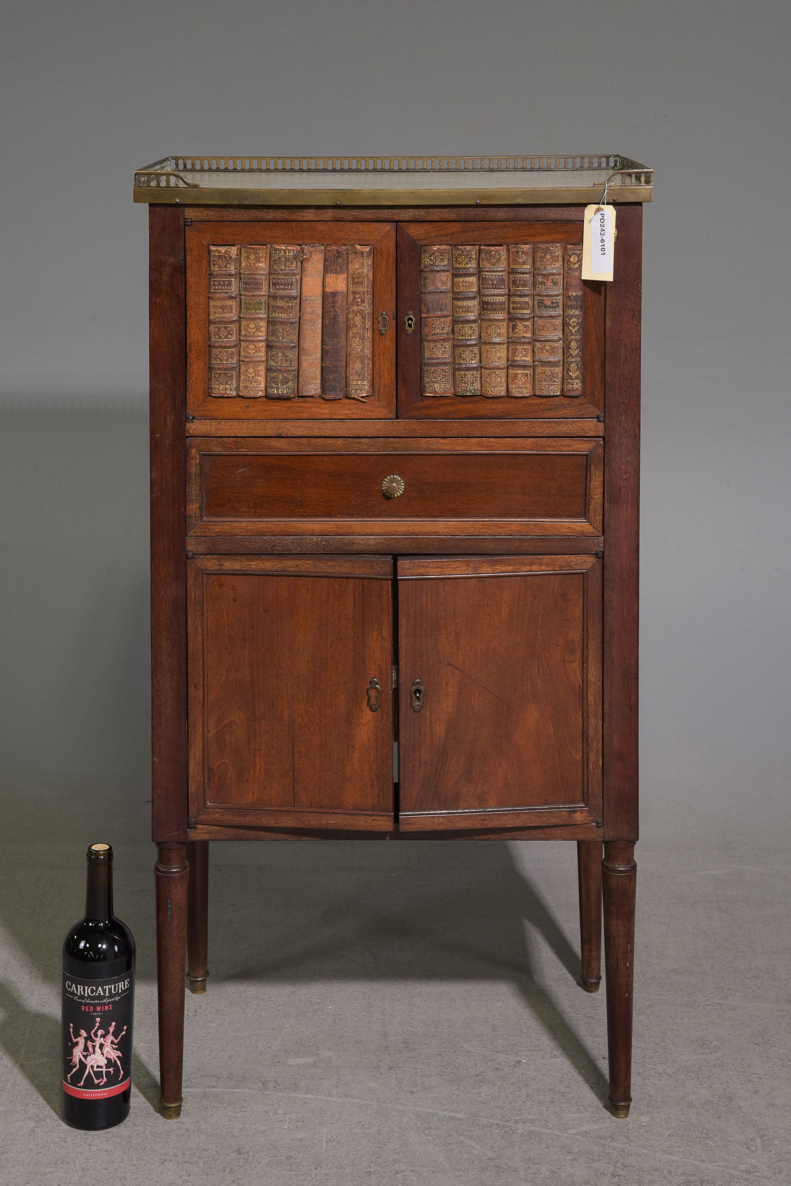 Louis XVI Style Marble Top Faux Book Front Cabinet: French Louis XVI Style White Marble Top Faux Book Front Cabinet with Brass Gallery - 41.5 in tall x 22 x 14.5