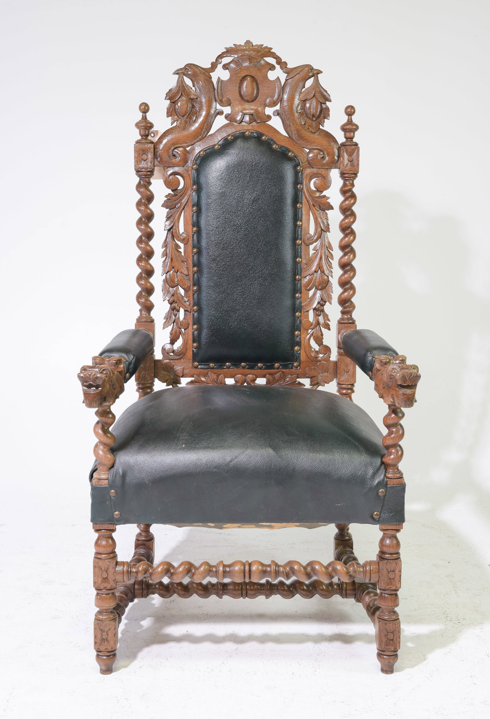 Renaissance Style Barley Twist Arm Chair: Renaissance Style Carved Oak Barley Twist Arm Chair - 53 in tall x 27 x 26 with a seat height of 23 inches
