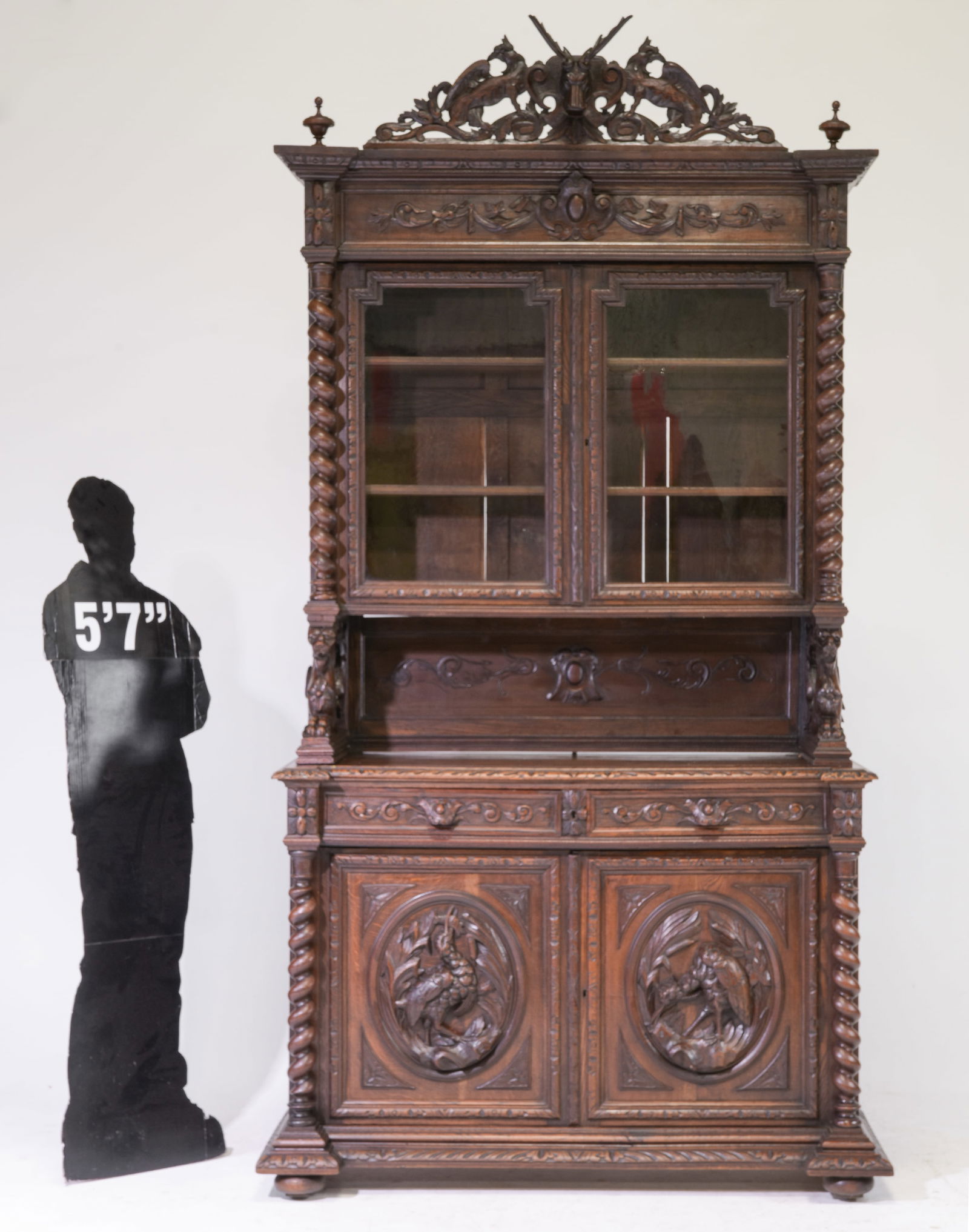 Renaissance Style Barley Twist Hunt Double Buffet: Renaissance Style Carved Oak Barley Twist Hunt Double Buffet - 107 in tall x 57 x 24