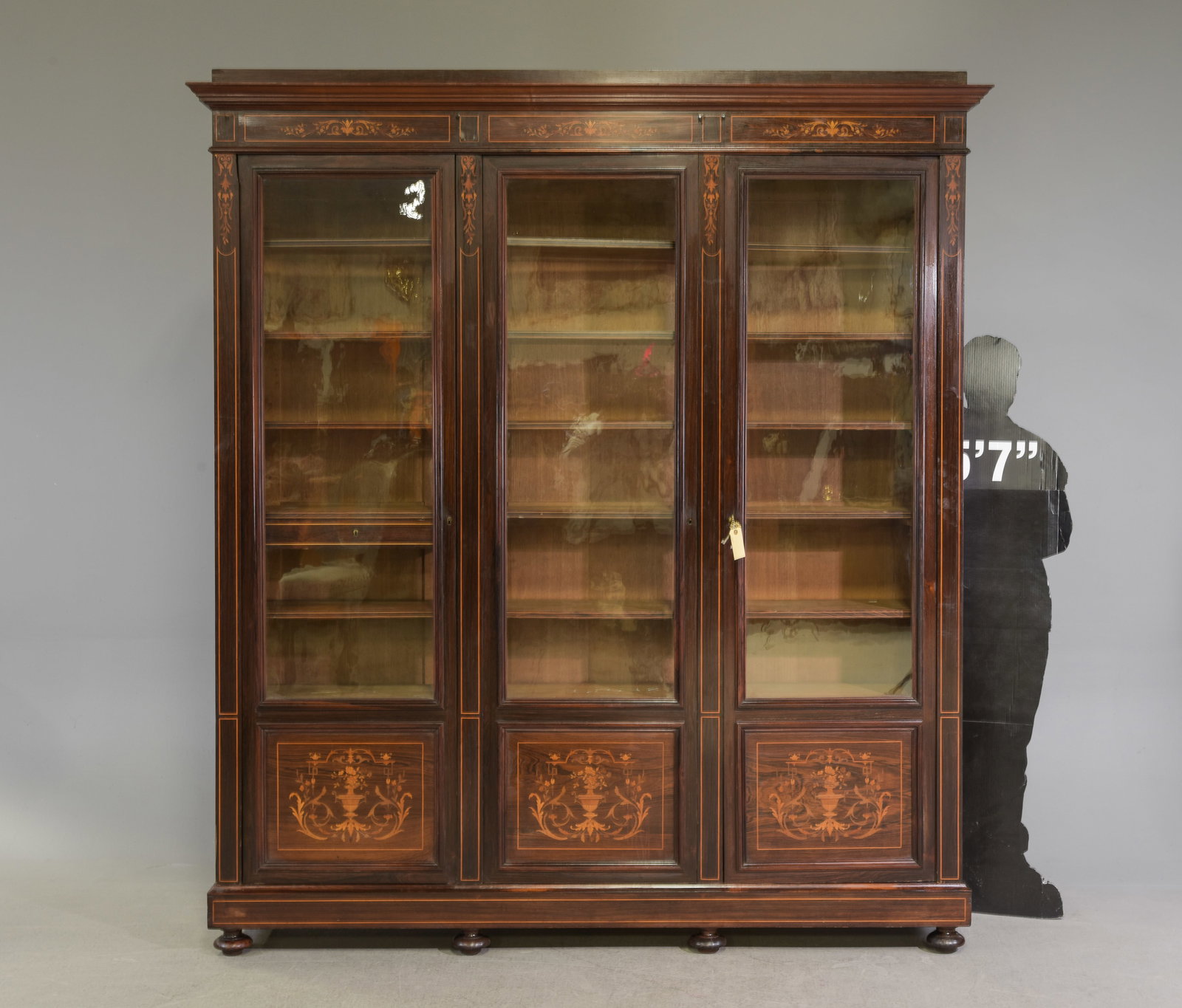 French Mahogany Inlaid Triple Door Bookcase: French Mahogany Inlaid Triple Door Bookcase / Cupboard - 92.25 in tall x 83.5 x 15.75