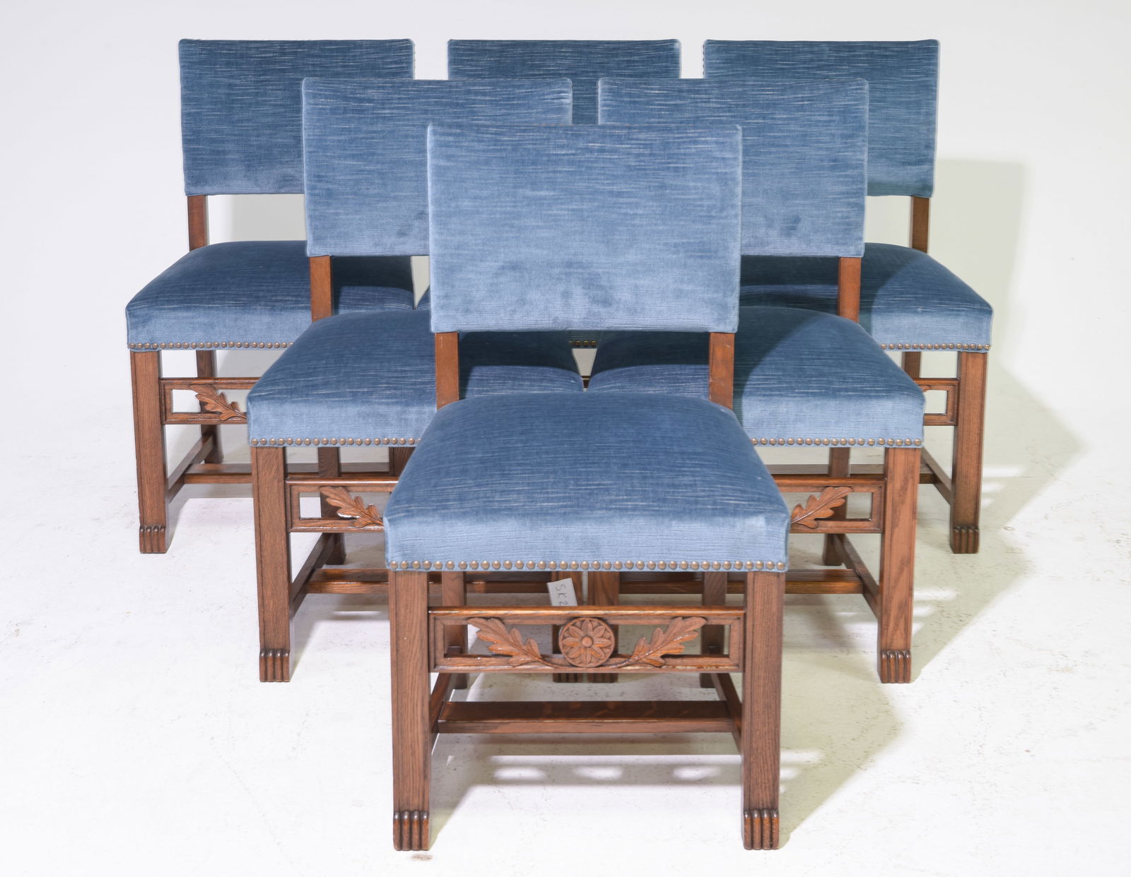 Swedish Set of 6 Oak Blue Upholstered Dining Chairs: Swedish Set of 6 Oak Blue Upholstered Dining Chairs - 32 in tall x 19 x 20 each with a seat height of 18 inches