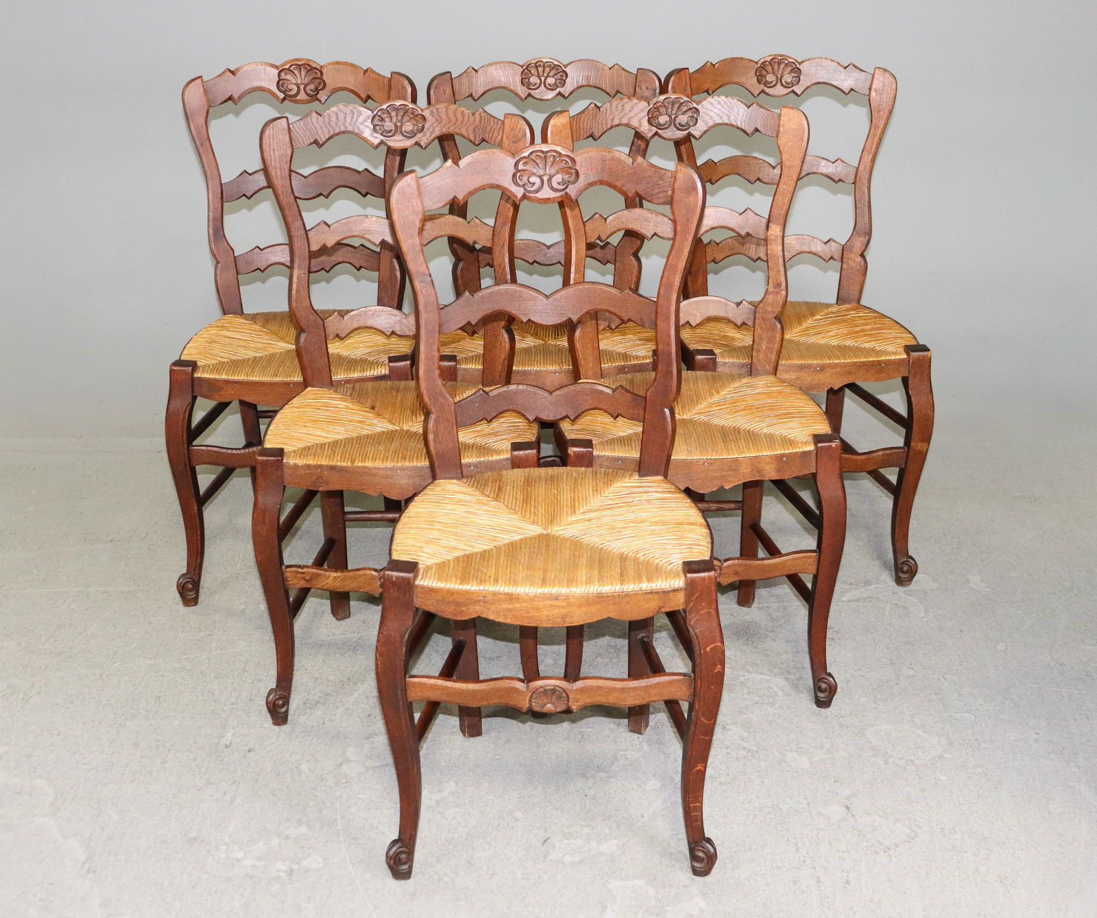 Louis XV Style Set of 6 Oak Rush Seat Chairs (1 of 4)
