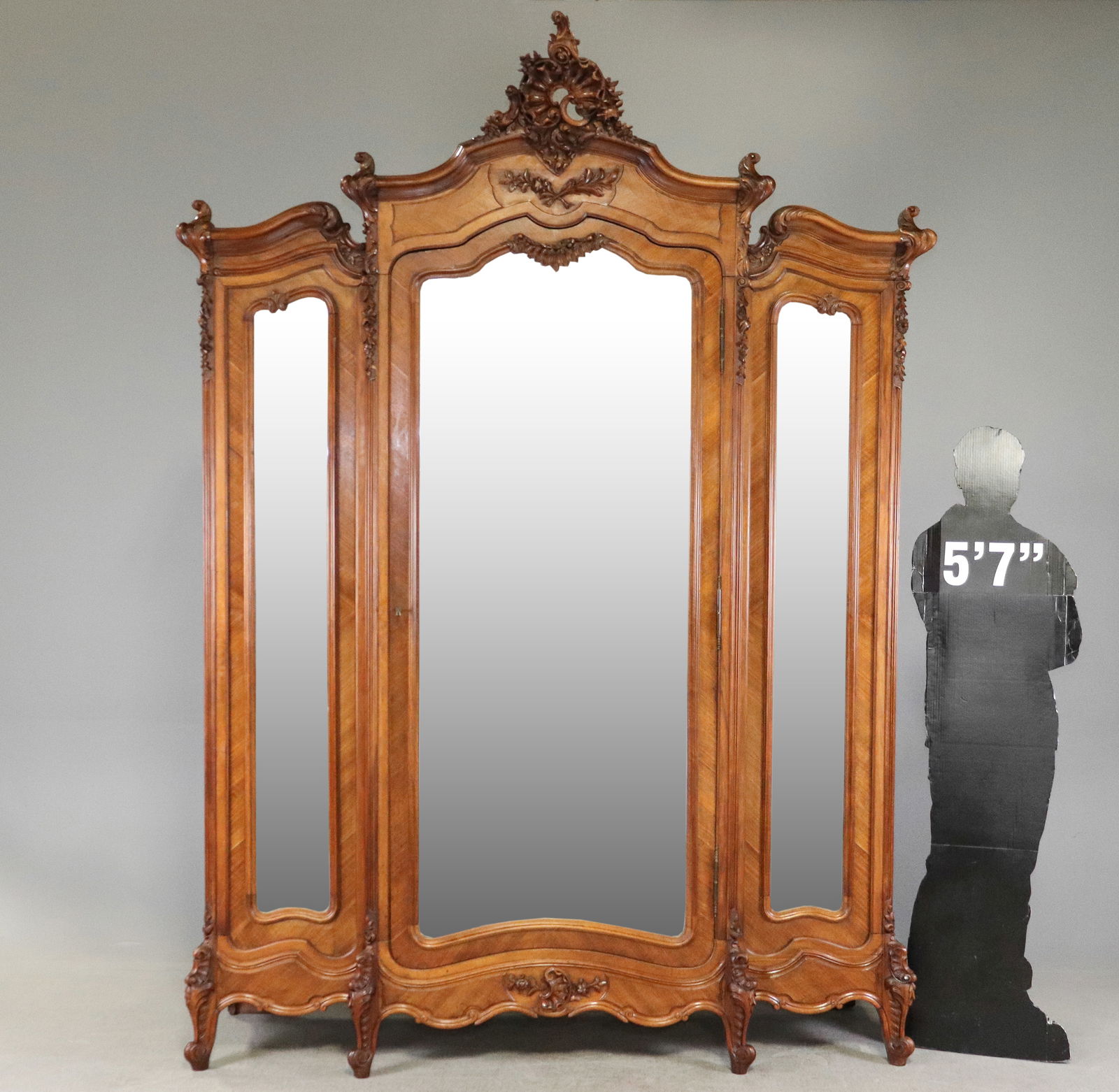 Louis XV Style Triple Mirror Door Walnut Armoire: French Louis XV Style Triple Mirror Door Walnut Armoire - 105 in tall x 76 x 26