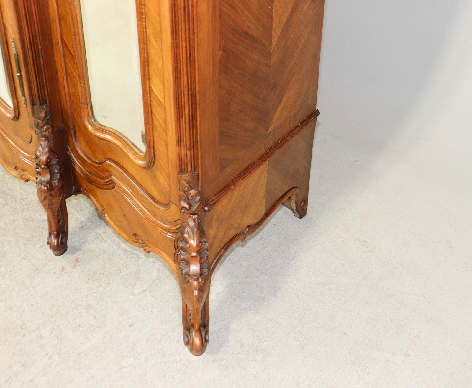 Louis XV Style Triple Mirror Door Walnut Armoire - 9