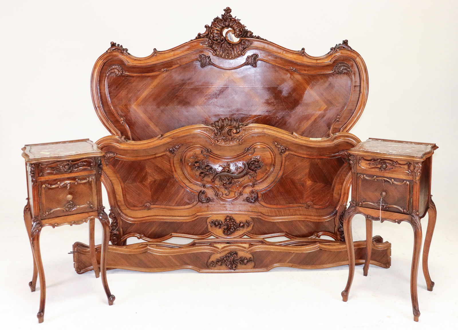 Louis XV Style Bed With Rails & 2 Nightstand: French Louis XV Style Bed With Rails & 2 Marble Top Nightstands - Headboard is 63 in tall x 69 x 3, rails are 74.75 in long, Nightstands are 33 in tall x 16 x 15 - This bed is a European size which
