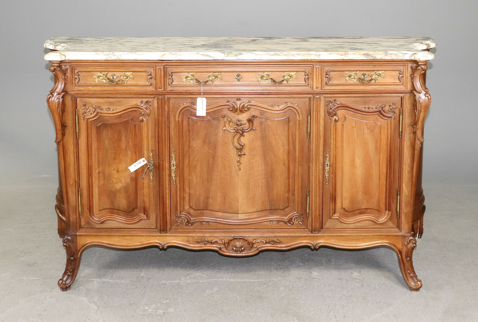 Louis XV Style White Marble Top Walnut Sideboard: French Louis XV Style White Marble Top Walnut Sideboard / Enfilade - 44 in tall x 79 x 25