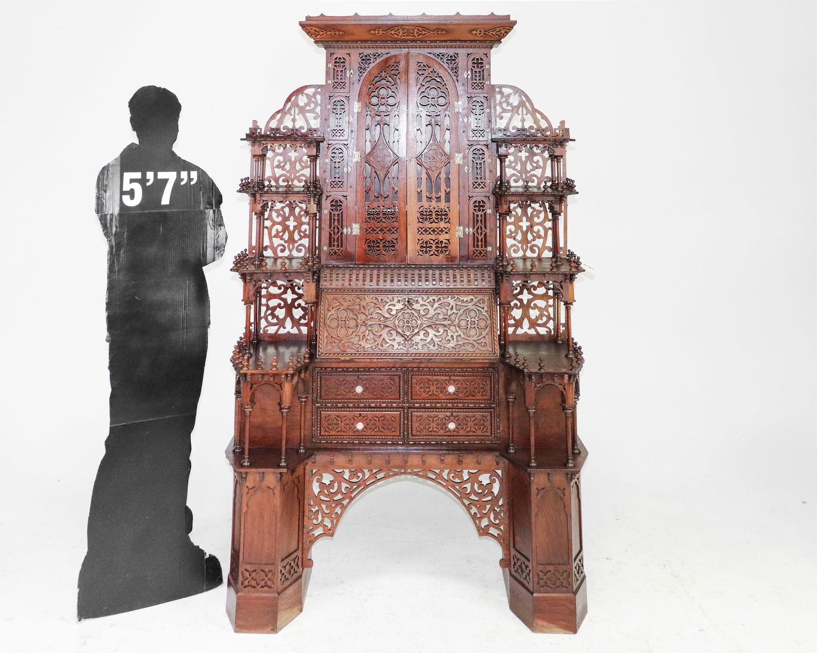 Gothic Style Tramp Art Secretary Carved Desk: Gothic Style Tramp Art Secretary Carved Desk Attributed To Charles Trowbridge - 77 in tall x 45 x 16