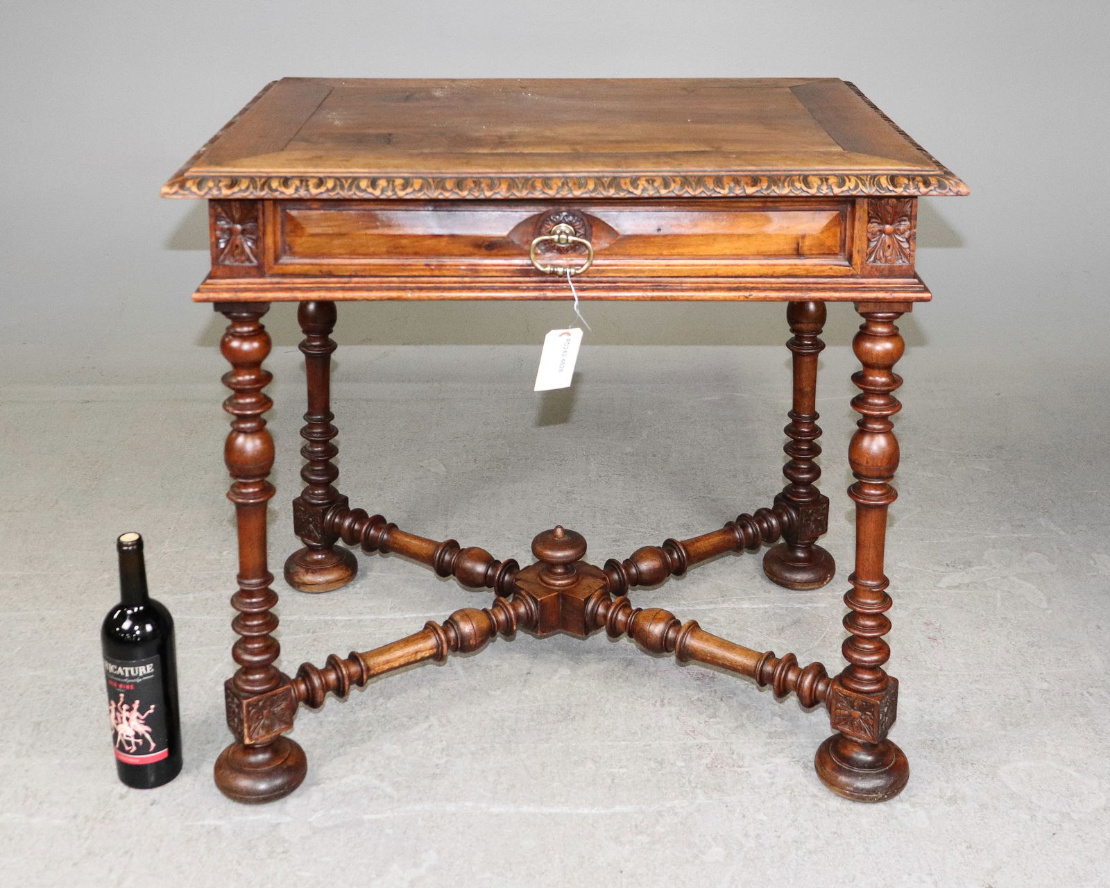 Louis XIII Style Walnut Side Table With A Drawer: French Louis XIII Style Walnut Side Table With A Drawer - 29 in tall x 31.5 x 23.5, floor to apron is 23 in tall