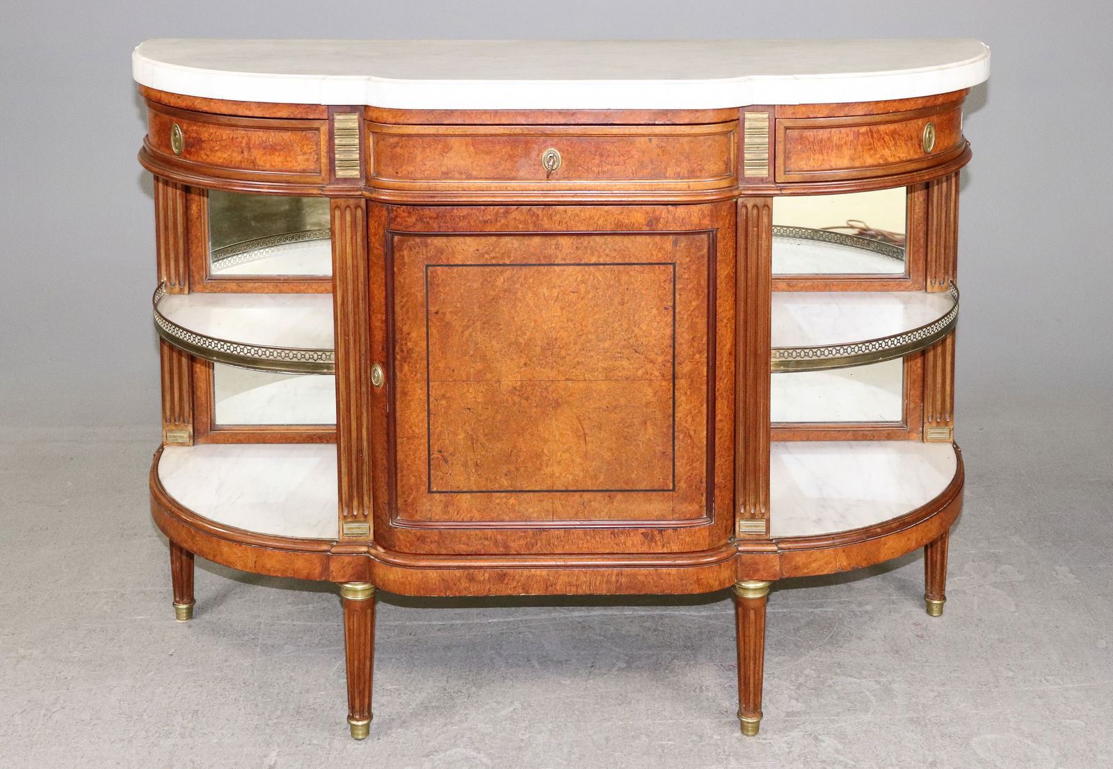 Louis XVI Style White Marble Top Walnut Server / Buffet: French Louis XVI Style White Marble Top Walnut Server / Buffet - 39 in tall x 54 x 18