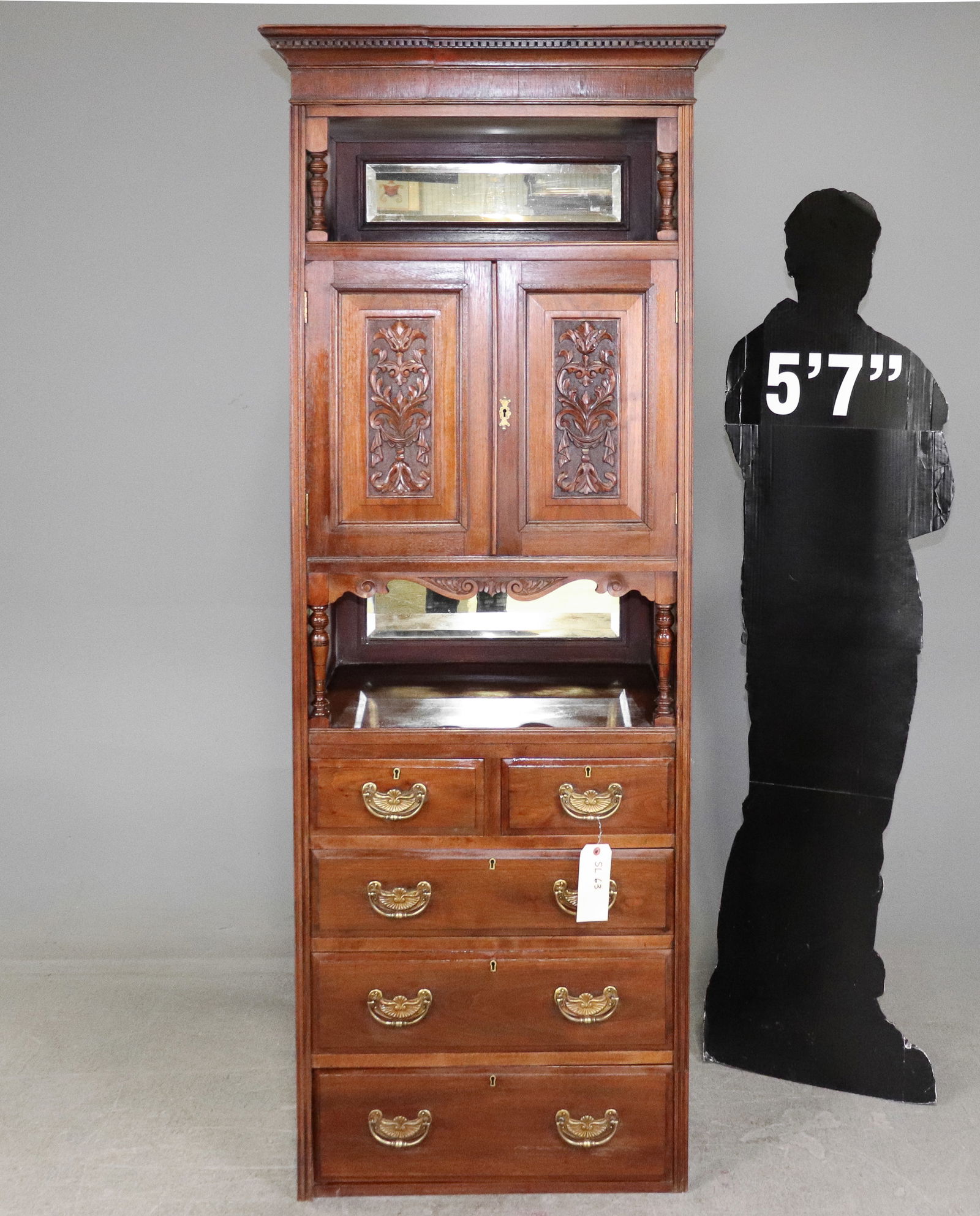 Edwardian Style Carved Cabinet With Drawers: Edwardian Style Carved Cabinet With Drawers - 75.5 in tall x 29 x 21