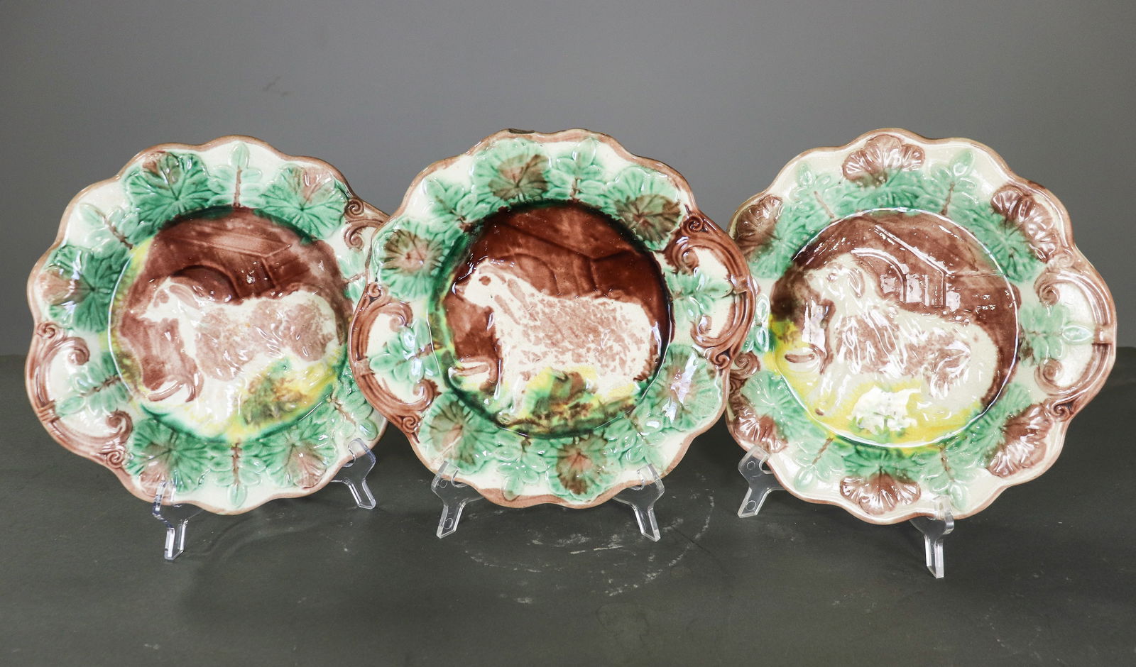 Three Assorted French Majolica Plates: Three Assorted French Majolica Plates - 2 in tall x 11 in diameter