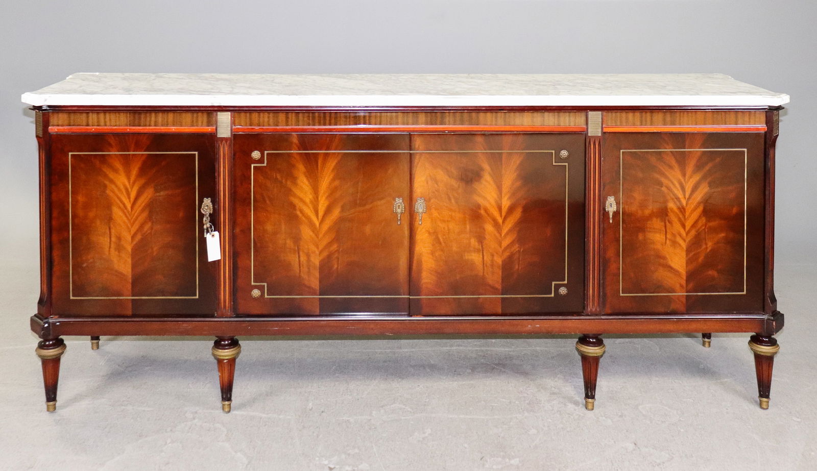 Louis XVI Style White Marble Top Mahogany Sideboard: French Louis XVI Style White Marble Top Mahogany Sideboard / Enfilade - 38 in tall x 91 x 21.5