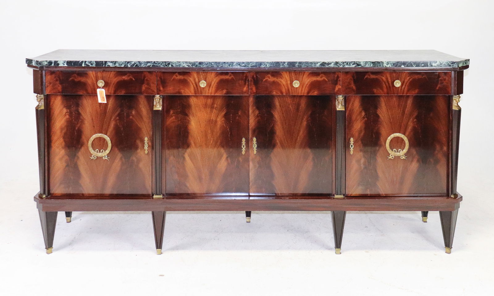 French Empire Style Green Marble Top Sideboard: French Empire Style Green Marble Top Flame Mahogany Sideboard / Enfilade - 41 in tall x 91 x 22.5