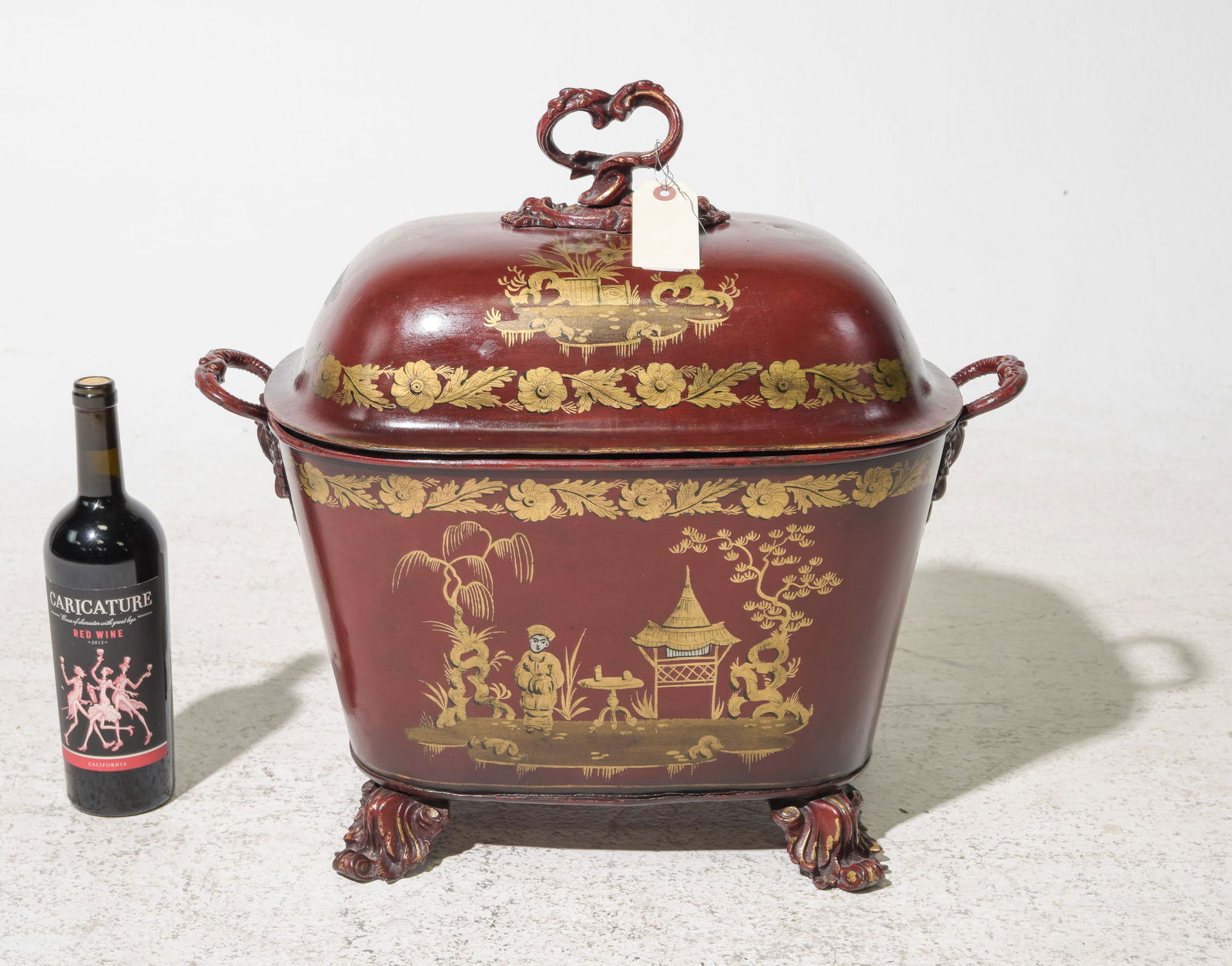 French Chinoiserie Decorated Tole Coal Bin: French Chinoiserie Hand Decorated Tole Coal Bin with Liner - 19 in tall x 21 x 13