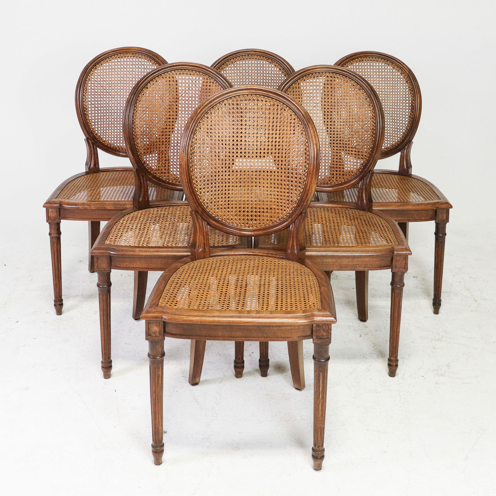Set of 6 Louis XVI Style Caned Balloon Back Chairs: Set of 6 French Louis XVI Style Caned Balloon Back Chairs - 37 in tall x 19 x 21, seat height is 18 in
