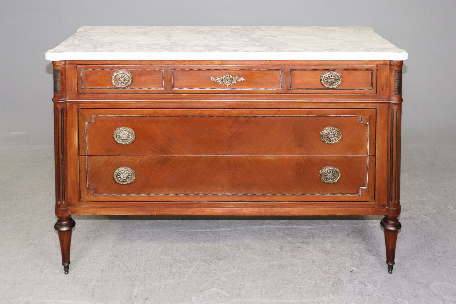 Louis XVI Style White Marble Top 3 Drawers Chest: French Louis XVI Style White Marble Top Mahogany 3 Drawers Chest - 32.5 in tall x 49 x 20.5