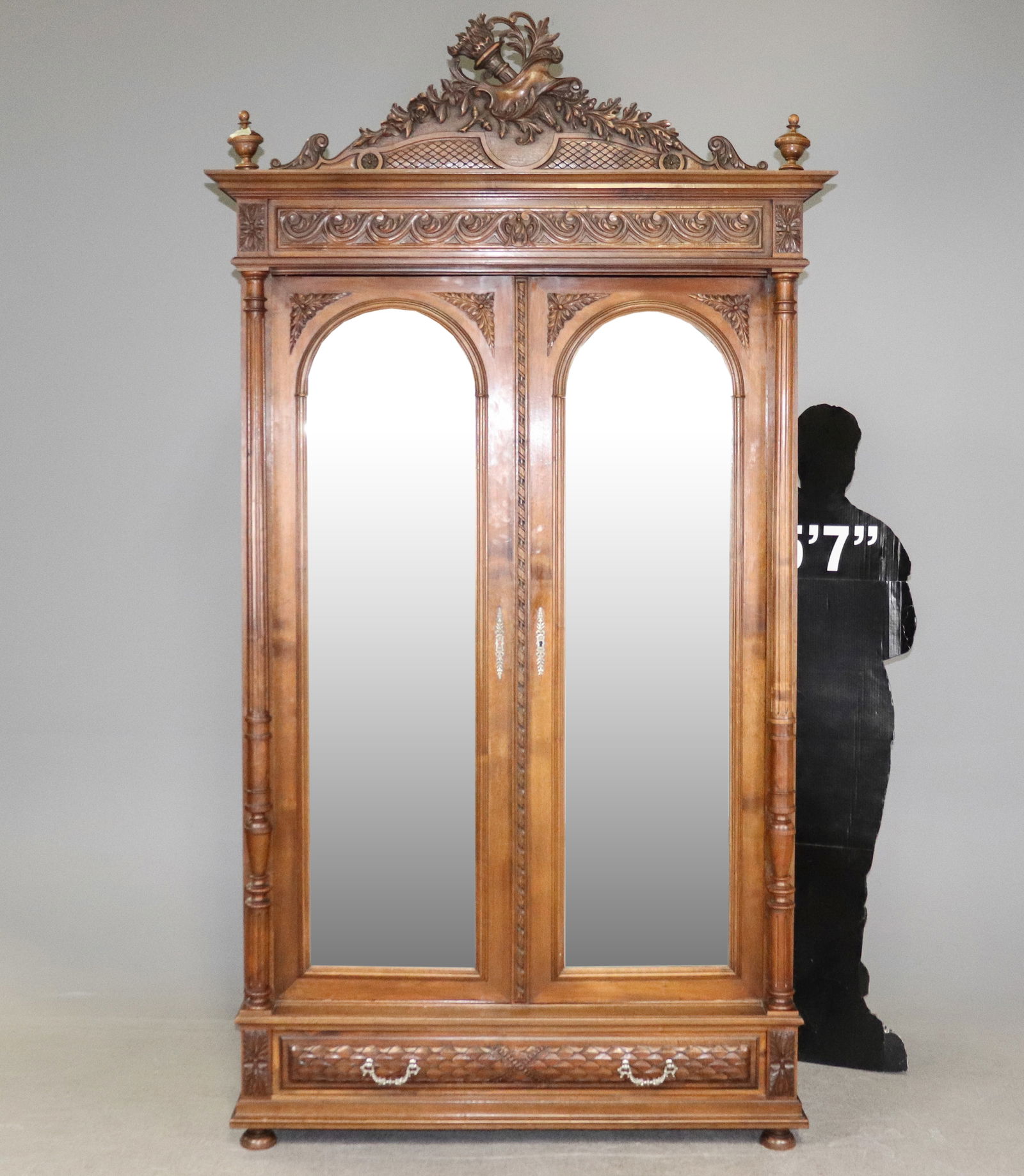 Louis XVI Style Double Mirror Door Walnut Armoire: French Louis XVI Style Double Mirror Door Walnut Armoire - 100 in tall x 54 x 24