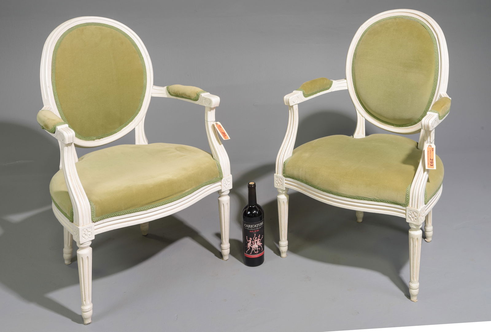 Louis XVI Style Pair of Painted Arm Chairs: French Louis XVI Style Pair of Painted Arm Chairs - 34.5 in tall x 23 x 22 each with a seat height of 15 inches