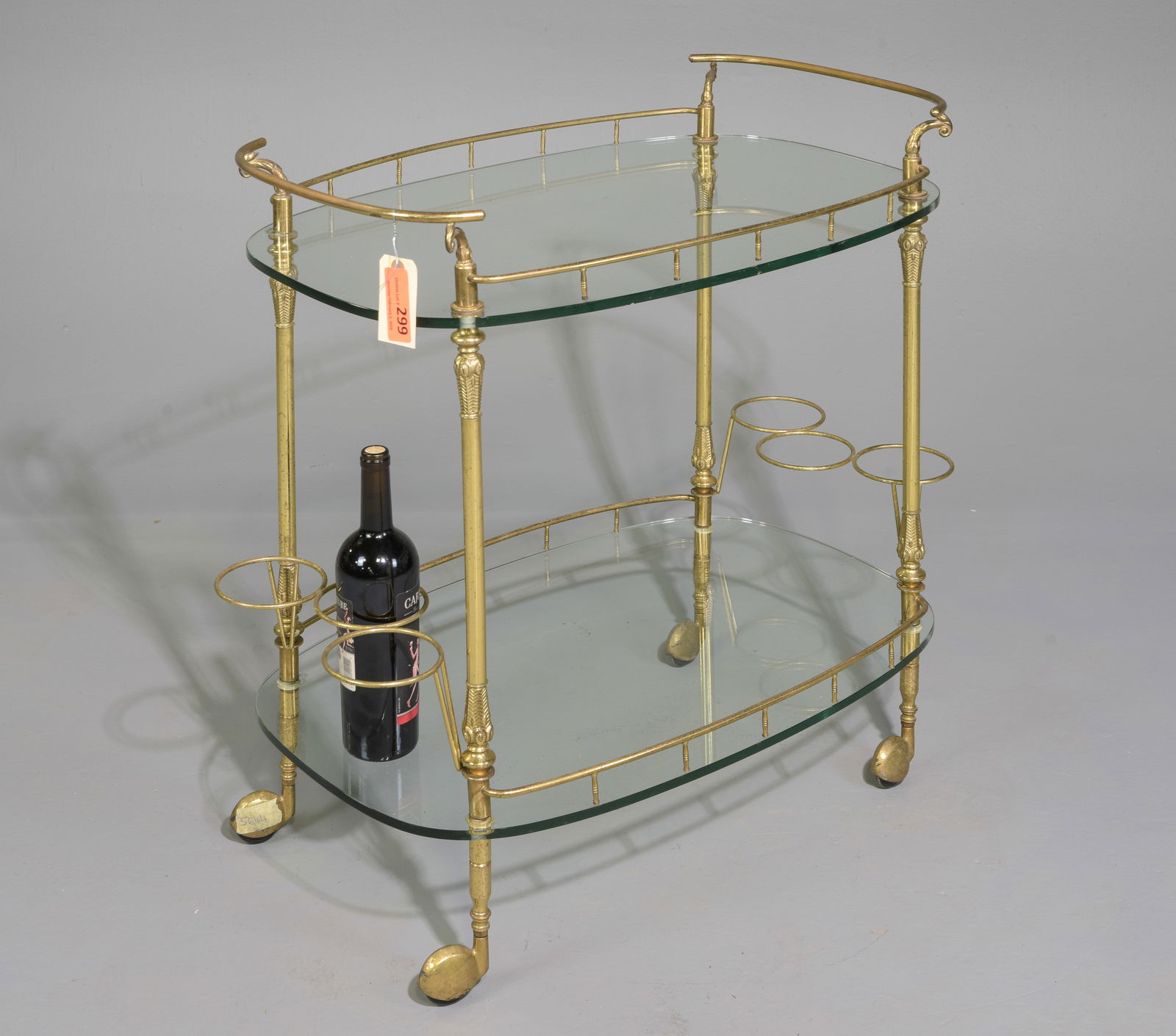 French Brass & Glass 2 Tier Trolley / Bar Cart: French Brass & Glass 2 Tier Trolley / Bar Cart - 29 in tall x 29 x 18