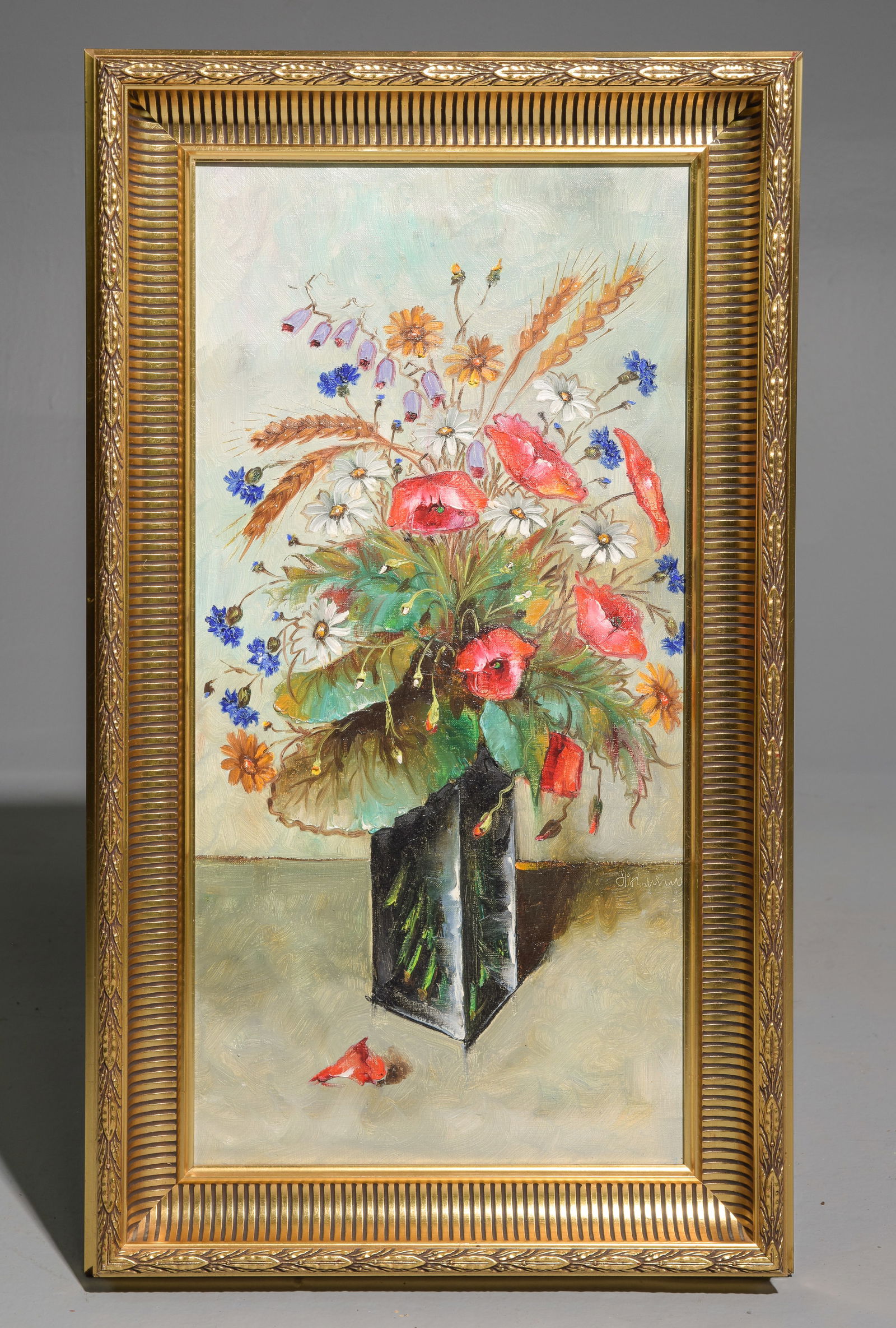 Danish Gold Framed Oil on Canvas Floral Still Life: Danish Gold Framed Oil on Canvas Floral Still Life - Artist Signed - 30 in tall x 17 x 2.5, The work itself is 25 x 12