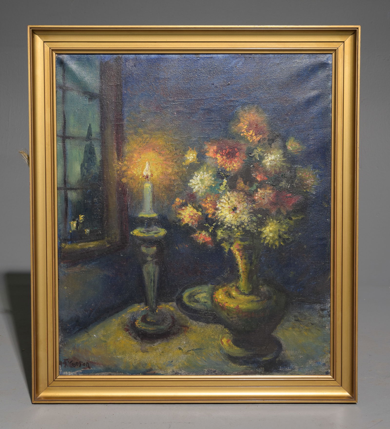 Oil on Canvas Floral Still Life with Candlelight: Danish Framed Oil on Canvas Floral Still Life with Candlelight - 25 in tall x 21.5 x 2, The work itself is 21.5 x 18