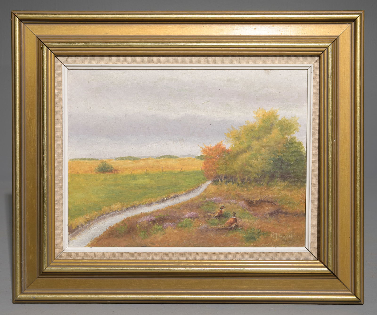 Framed Oil on Canvas Landscape - Birds: Framed Oil on Canvas Landscape - birds - 19 in tall x 23 x 2, The work itself is 11.5 x 15.5