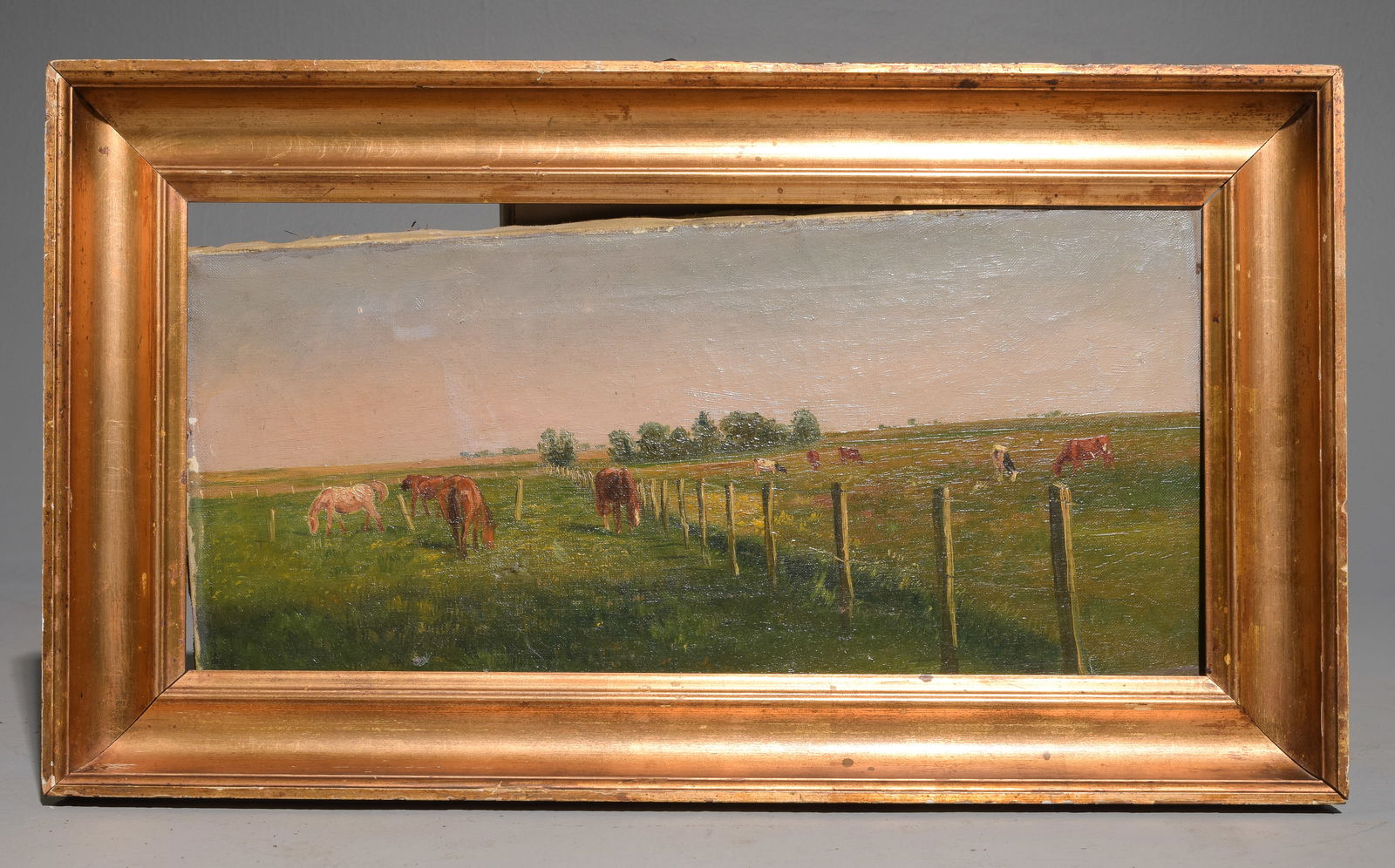 Framed Antique Oil on Canvas Landscape - Horses: Framed Antique Oil on Canvas Landscape - Horses - 15 in tall x 26 x 2, The work itself is 10 x 21