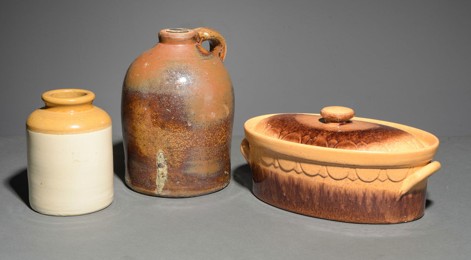 3 Assorted Pottery Crocks / Jug: 3 Assorted Pottery Crocks / Jug - 7 in tall x 5 inch diameter, 6 in tall x 13 x 8 and 10 in tall x 8 inch diameter