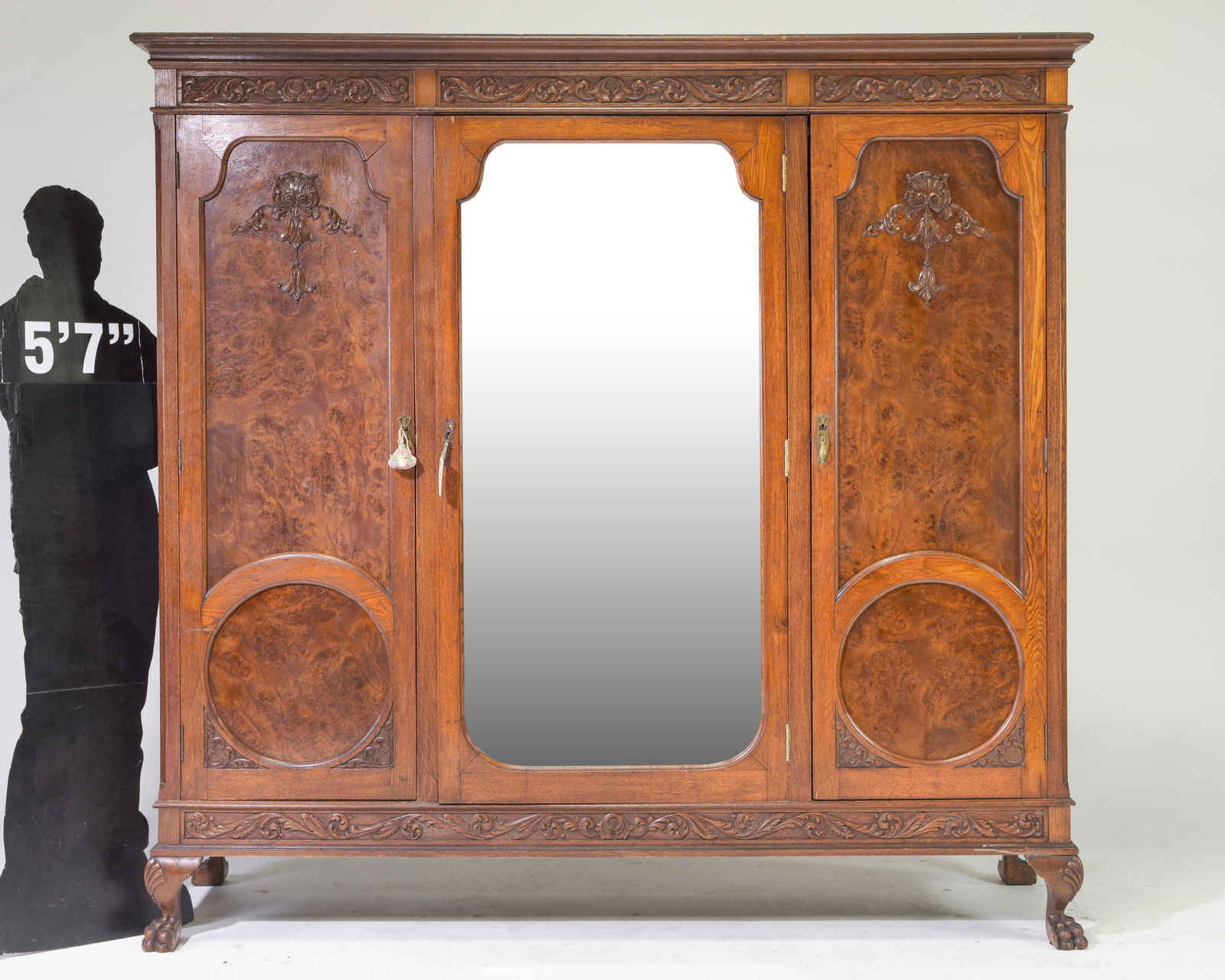 Triple Door Walnut & Oak Armoire with Paw Feet (1 of 13)