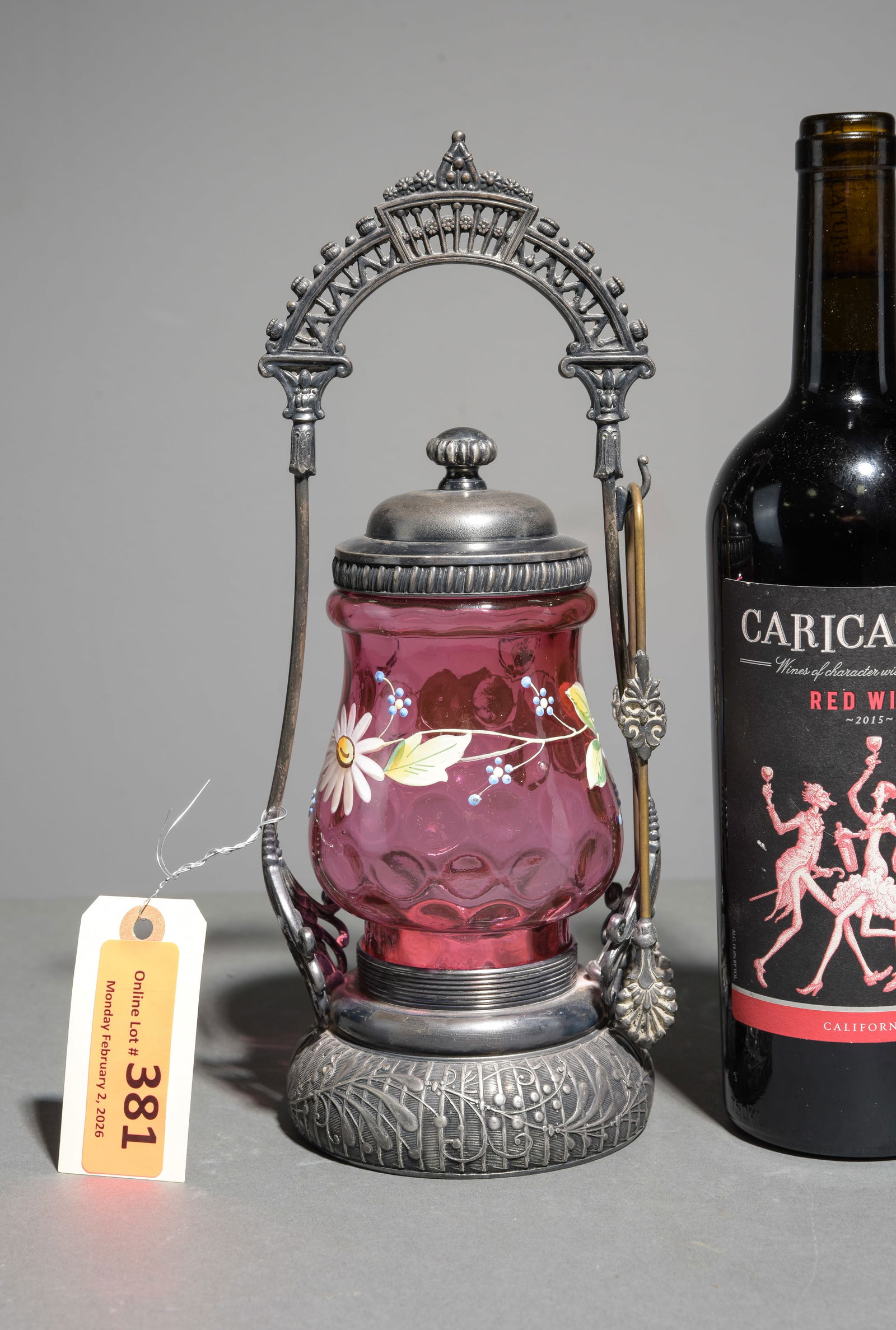 Acme Silver Co. Toronto Cranberry Glass Pickle Castor: Acme Silver Co. Toronto Quadruple Plated Cranberry Glass Pickle Castor - 12 in tall x 4 x 4