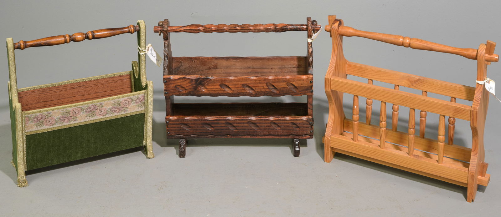 3 Danish Assorted Magazine Racks: 3 Danish Assorted Magazine Racks - 18 in tall x 21 x 6.5, 17.5 in tall x 16.5 x 8 and 17 in tall x 21 x 6.5