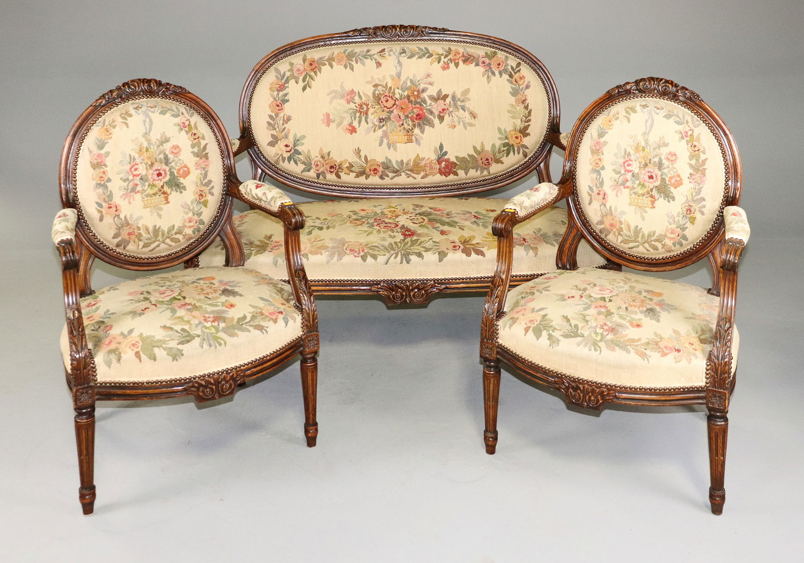 Louis XVI Style Settee And Two Arm Chairs (1 of 8)