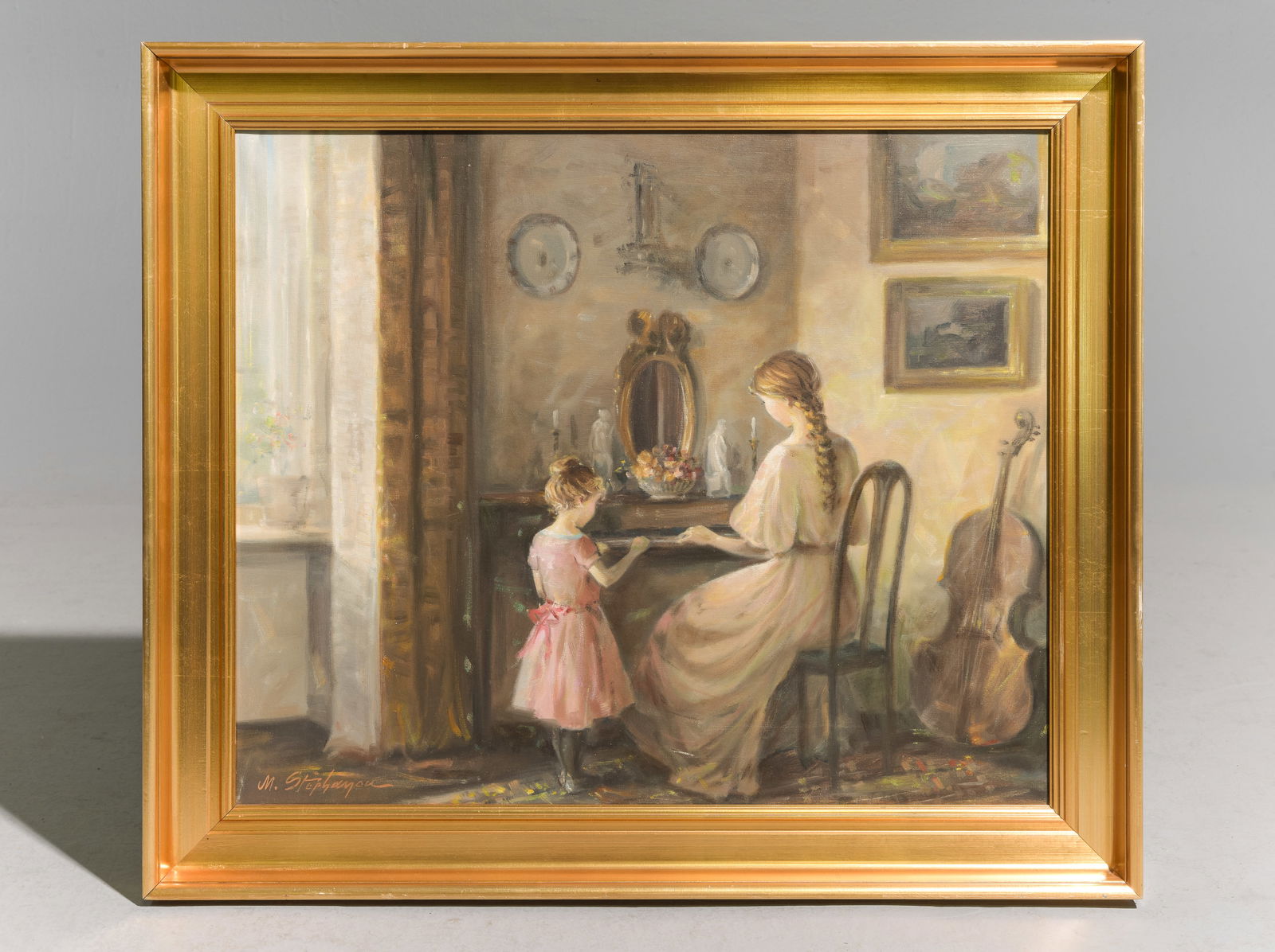 Danish Gold Framed Oil on Canvas - Mother & Daughter (1 of 3)