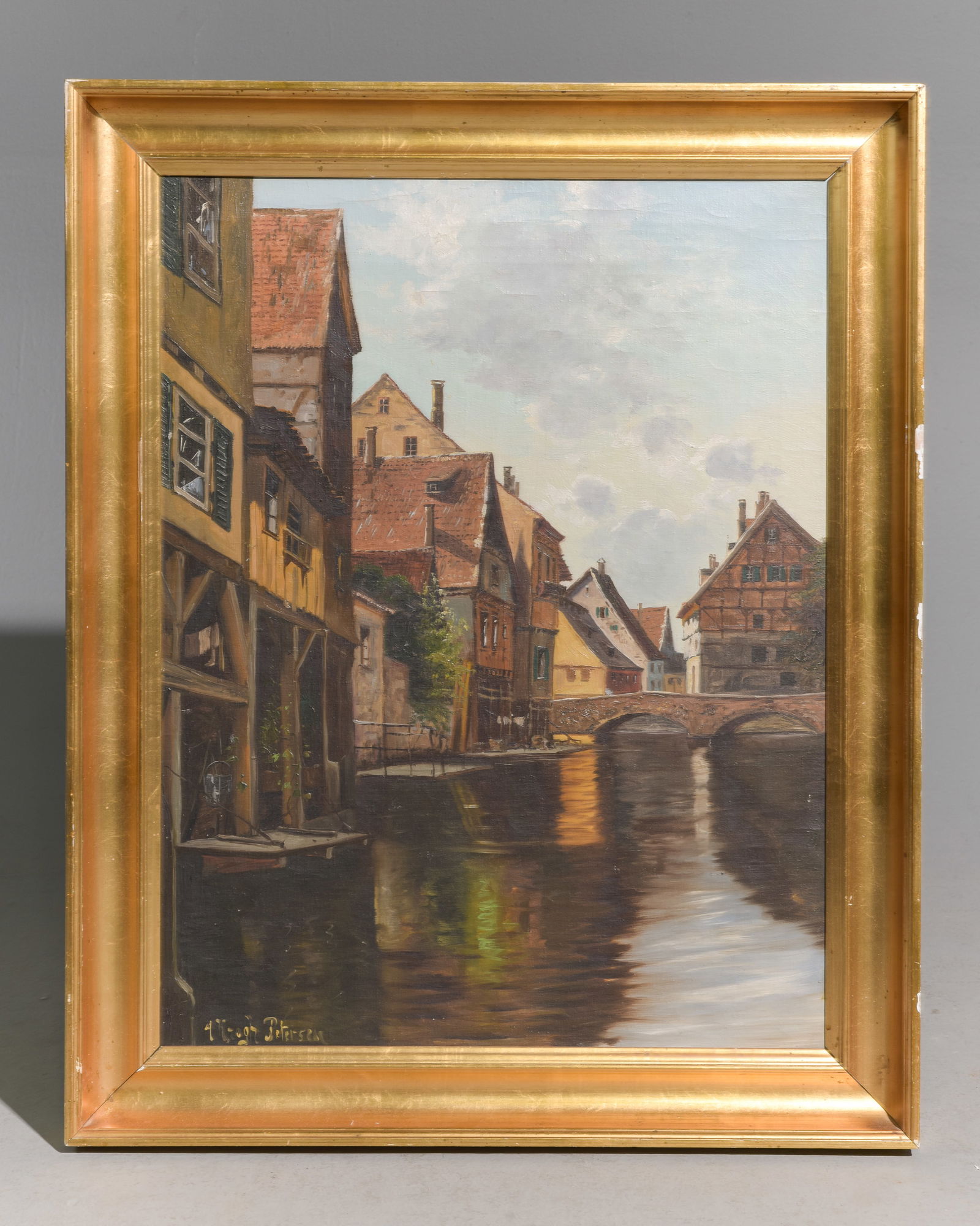 Danish Gold Framed Oil on Canvas - Canal Scene (1 of 4)