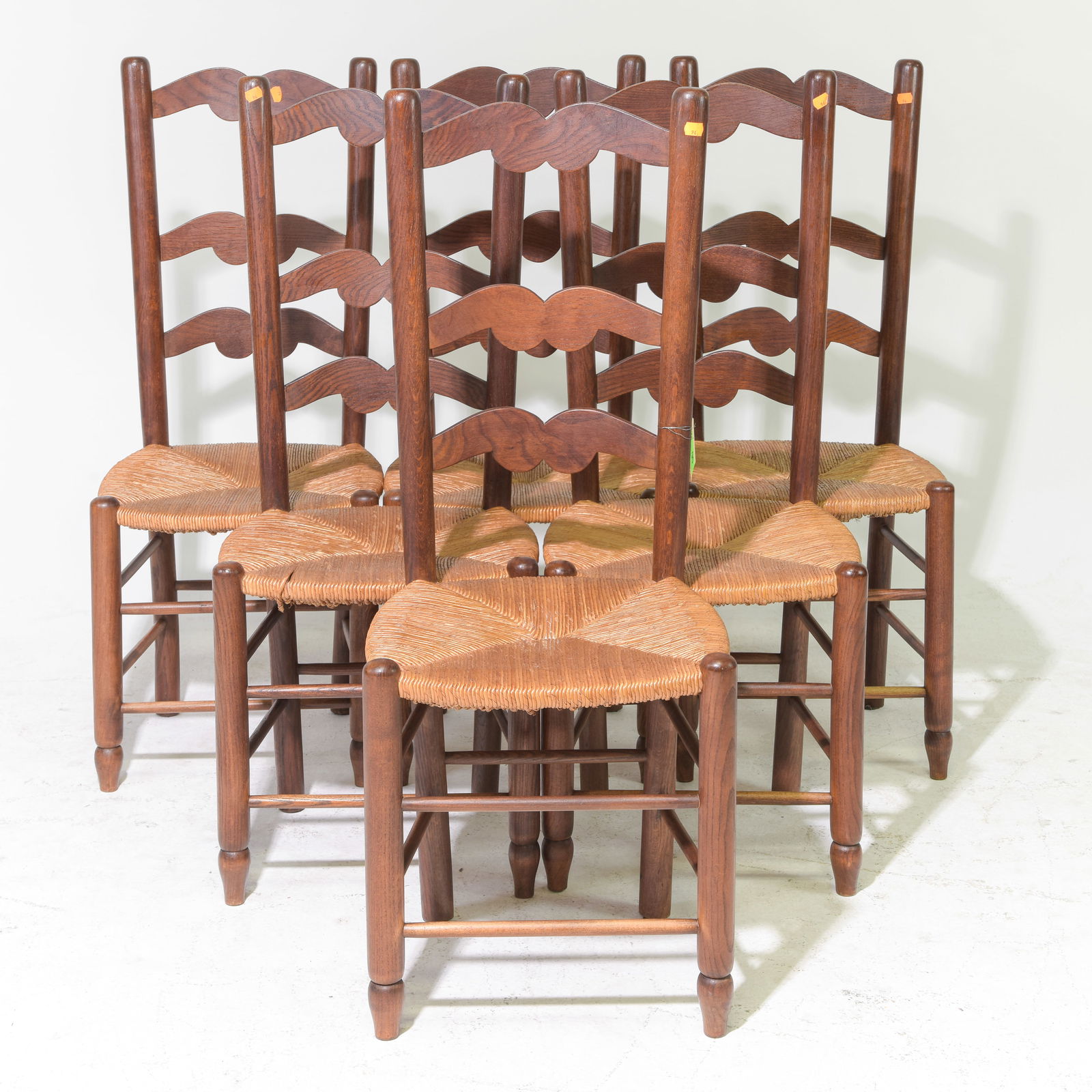 French Set of 6 High Back Rush Seat Chairs: French Set of 6 High Back Oak Rush Seat Chairs - 43 in tall x 17 x 15 each with a seat height of 17.5 inches
