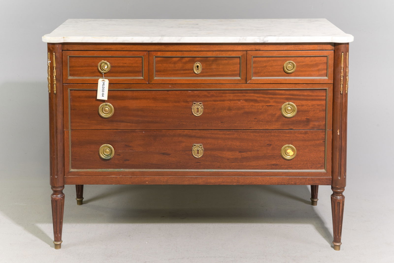 Louis XVI Style White Marble Top Three Drawer Chest: French Louis XVI Style White Marble Top Three Drawer Chest - 33.5 in tall x 47 x 19.5