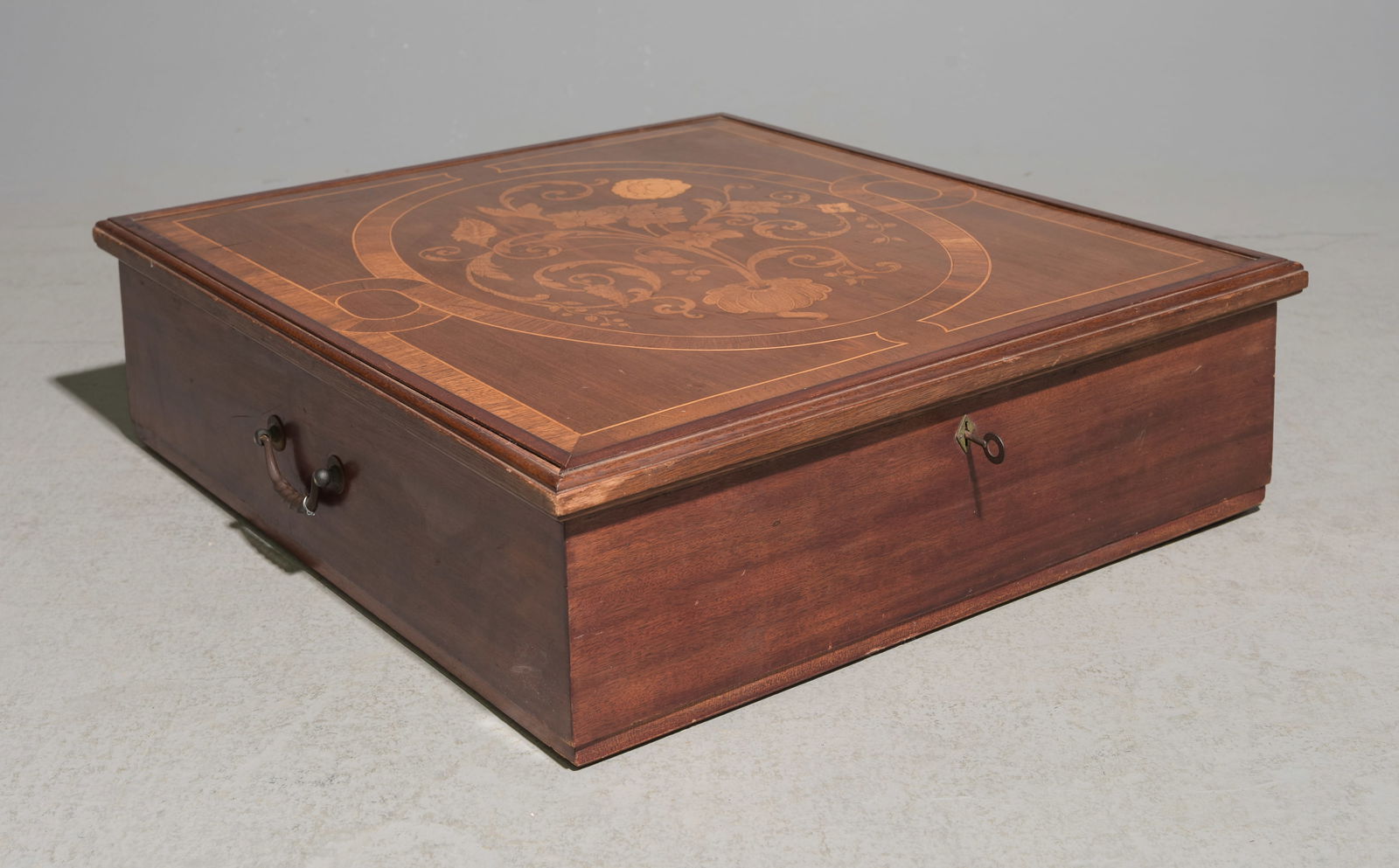 Napoleon III Style Marquetry Inlaid Glove Box: French Napoleon III Style Marquetry Inlaid Glove Box - 7.5 in tall x 24.5 x 27
