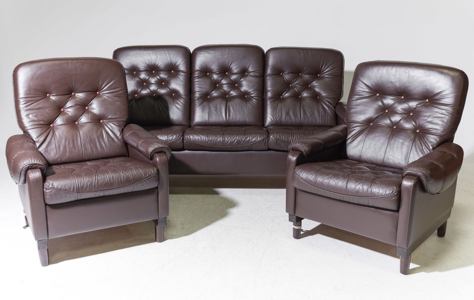 Danish Modern Sofa & Pair of Lounge Chairs: Danish Mid Century Modern Brown Button Tufted Sofa & Two Chairs - Sofa is 38 in tall x 76 x 33 - Chairs are 39 in tall x 33 x 38 - Seat height is 18 in for both