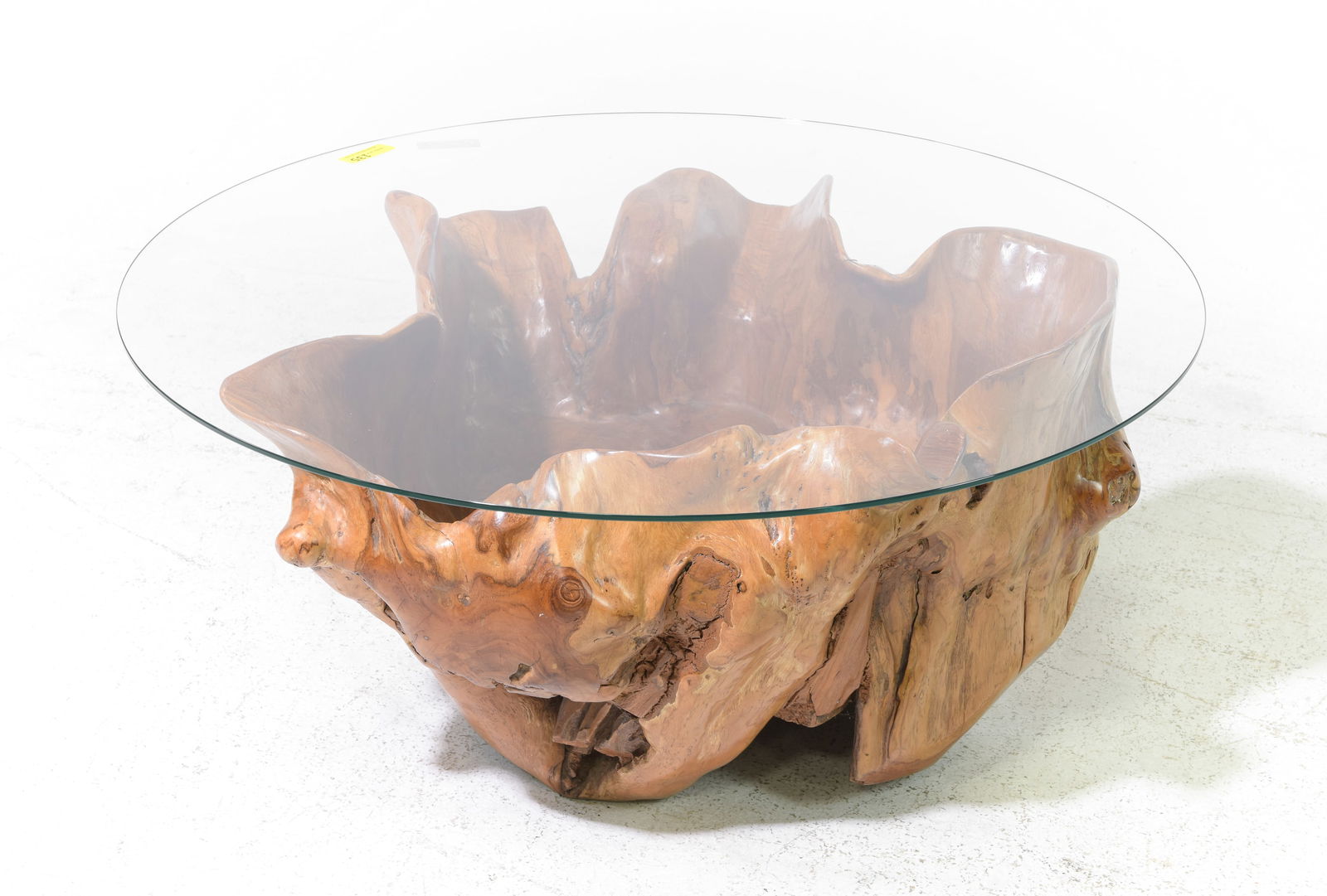 Natural Teak Wood Glass Top Coffee Table: Natural Teak Wood Glass Top Coffee Table - 18.5 in tall x 39.5 inch diameter