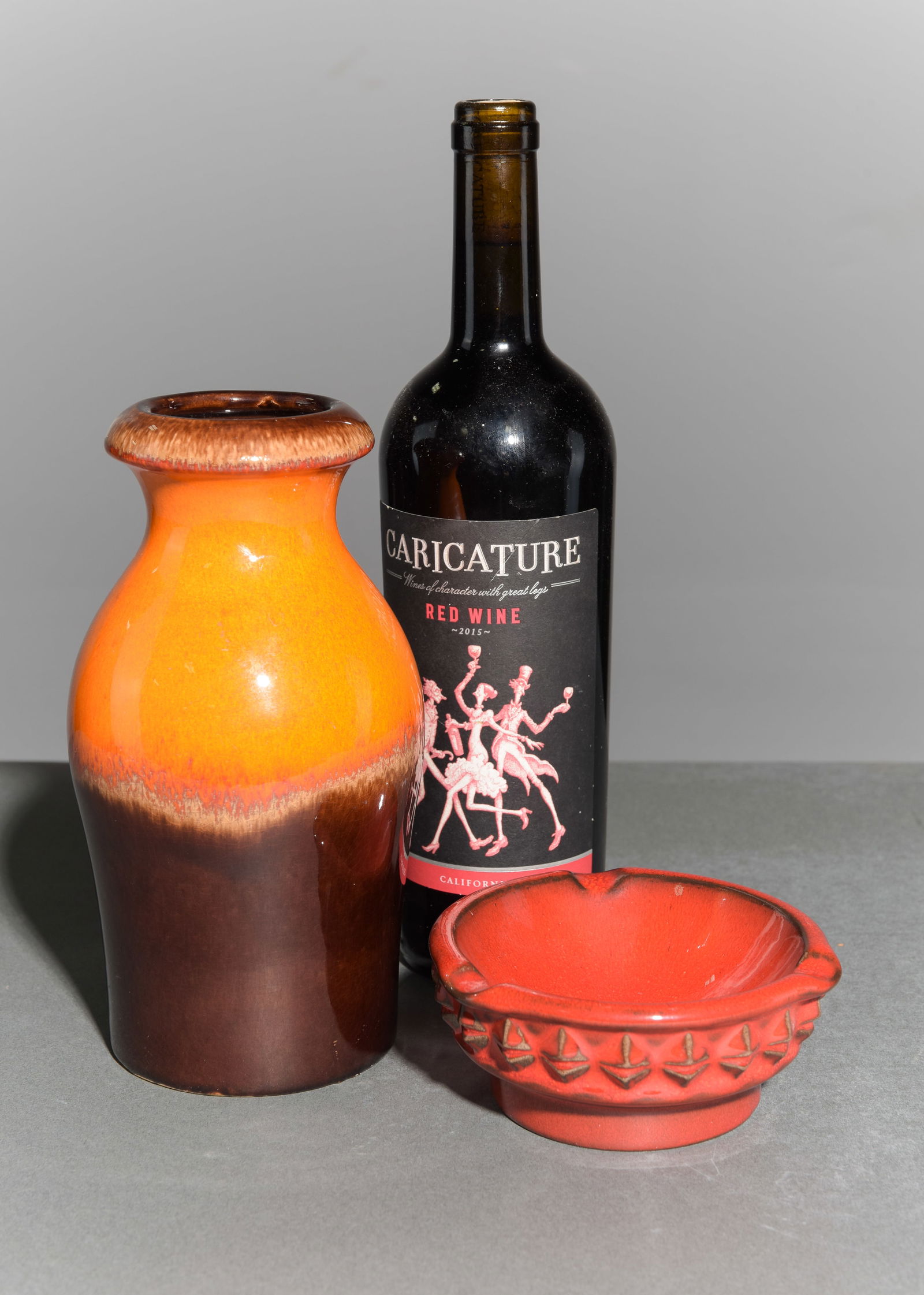 West German Pottery Vase & Ash Tray: West German Pottery Vase & Ash Tray - 8.25 in tall x 4.75 inch diameter and 2.25 in tall x 5 inch diameter