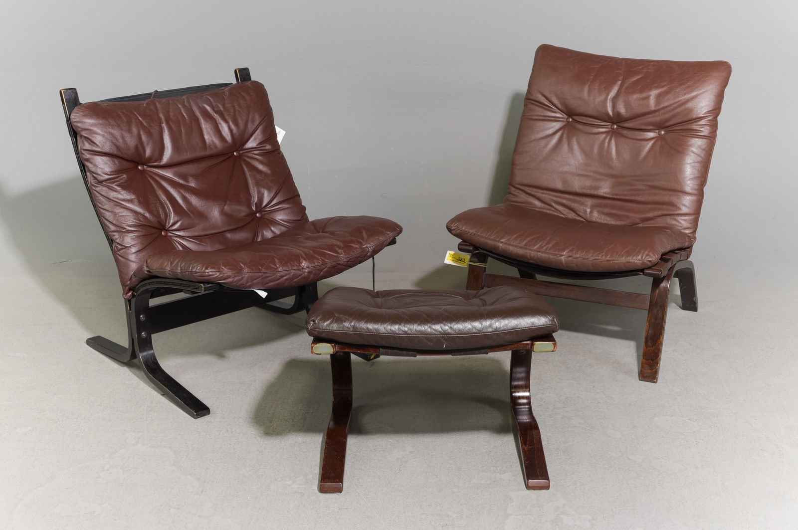 2 Danish Leather Lounge Chairs & Foot Stool: 2 Danish Leather Lounge Chairs & Foot Stool / Ottoman - 32 in tall x 26 x 31 with a seat height of 16.5 inches, 31 in tall x 25 x 33 with a seat height of 16 inches and the foot stool is 18 in tall x