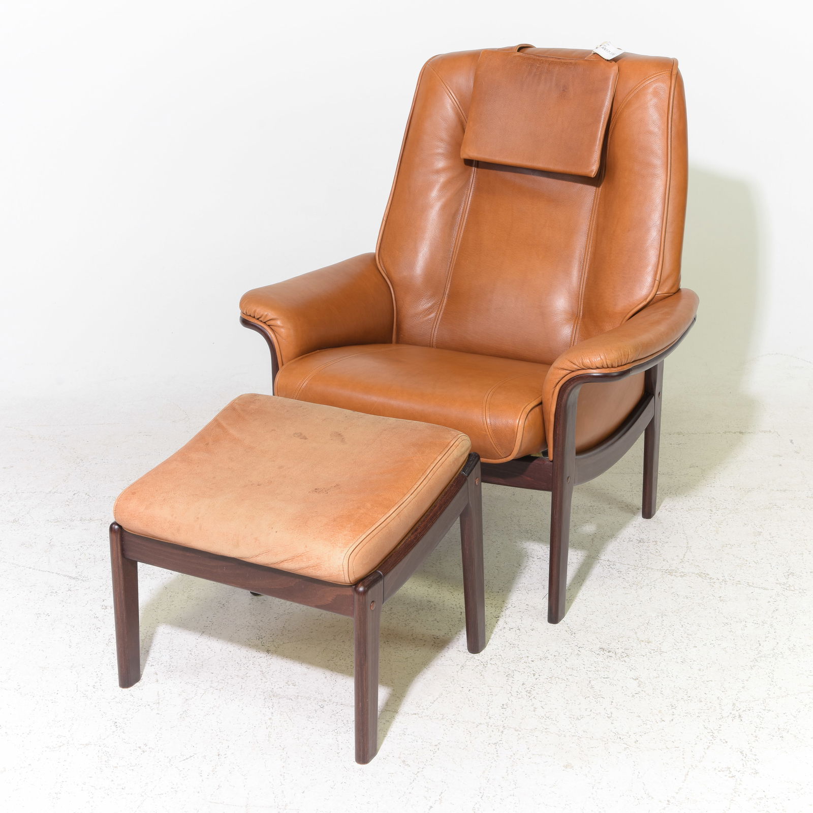 Danish Modern Leather Upholstered Chair & Foot Stool: Danish Modern Leather Upholstered Arm Chair & Foot Stool / Ottoman - 38 in tall x 33 x 30 with a seat height of 17.5 inches, foot stool is 17 in tall x 20 x 16