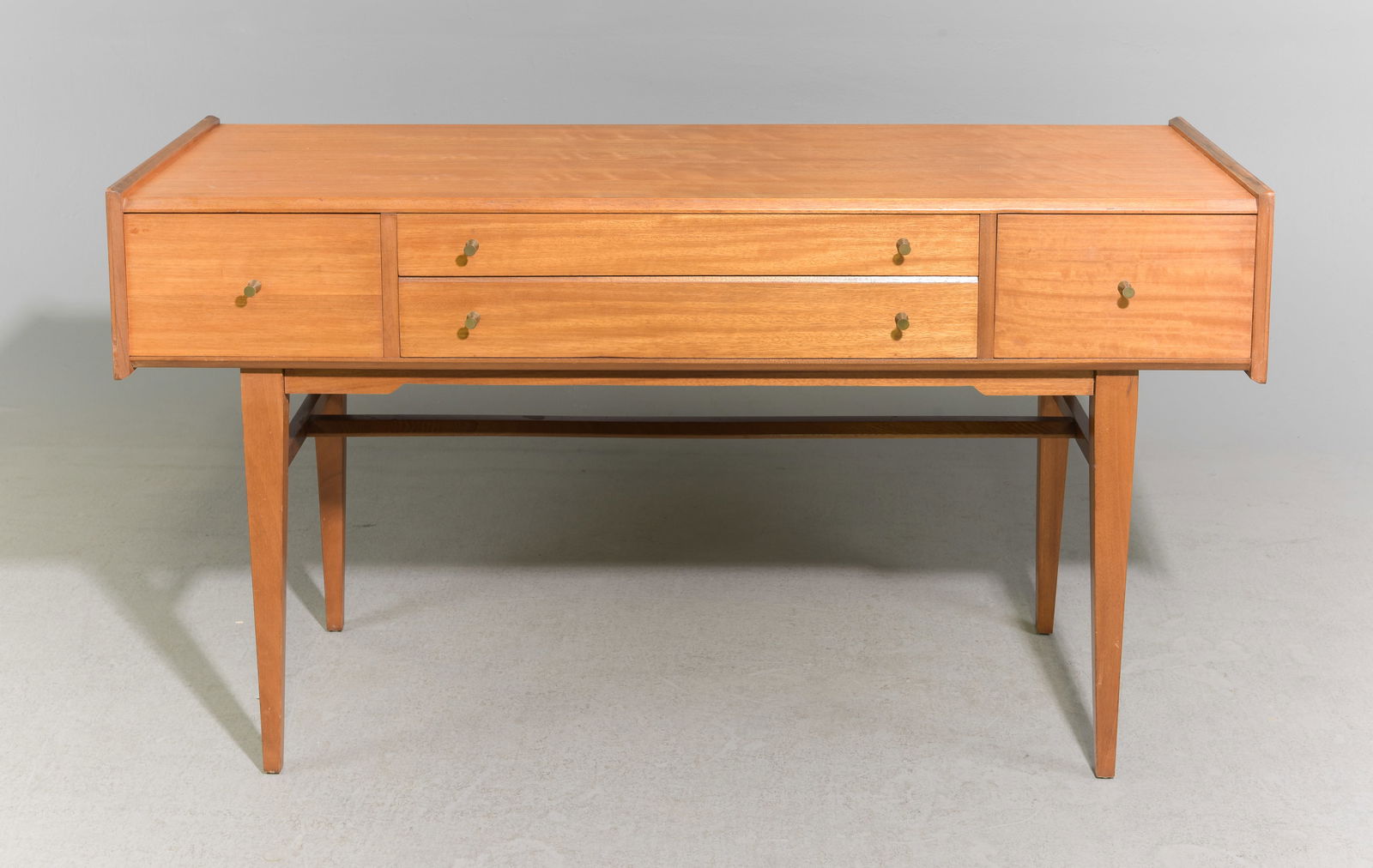 Mid Century Modern Dresser / Console: Danish Modern Style Dressing Table / Console / Desk with Metal Pulls - 30 in tall x 54 x 18.5, Floor to under is 19.75 inches and the space between the legs is 38.5 inches