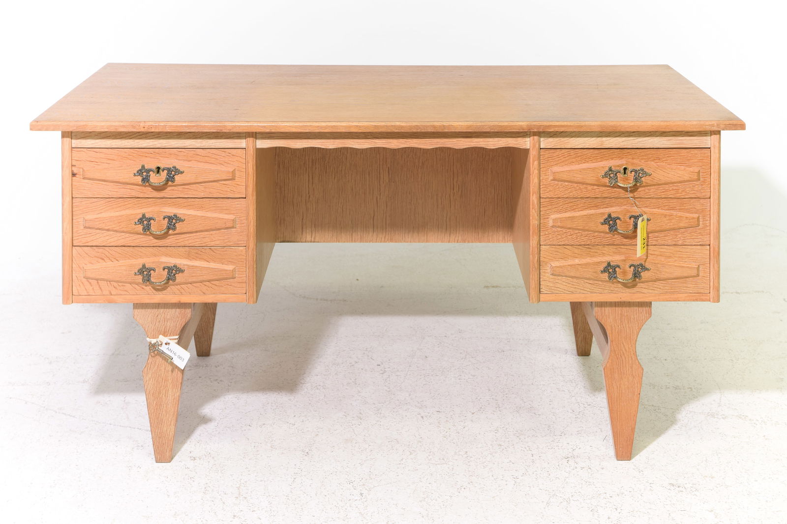 Danish Oak Desk with Bookshelf Front #1: Danish Oak Desk with Bookshelf Front - 29 in tall x 55 x 27.5, kneehole is 26 inches from floor to under x 21.5 inches wide - Similar in style to / possibly by : S. Thrane & Son / Henning Kjaernulf /