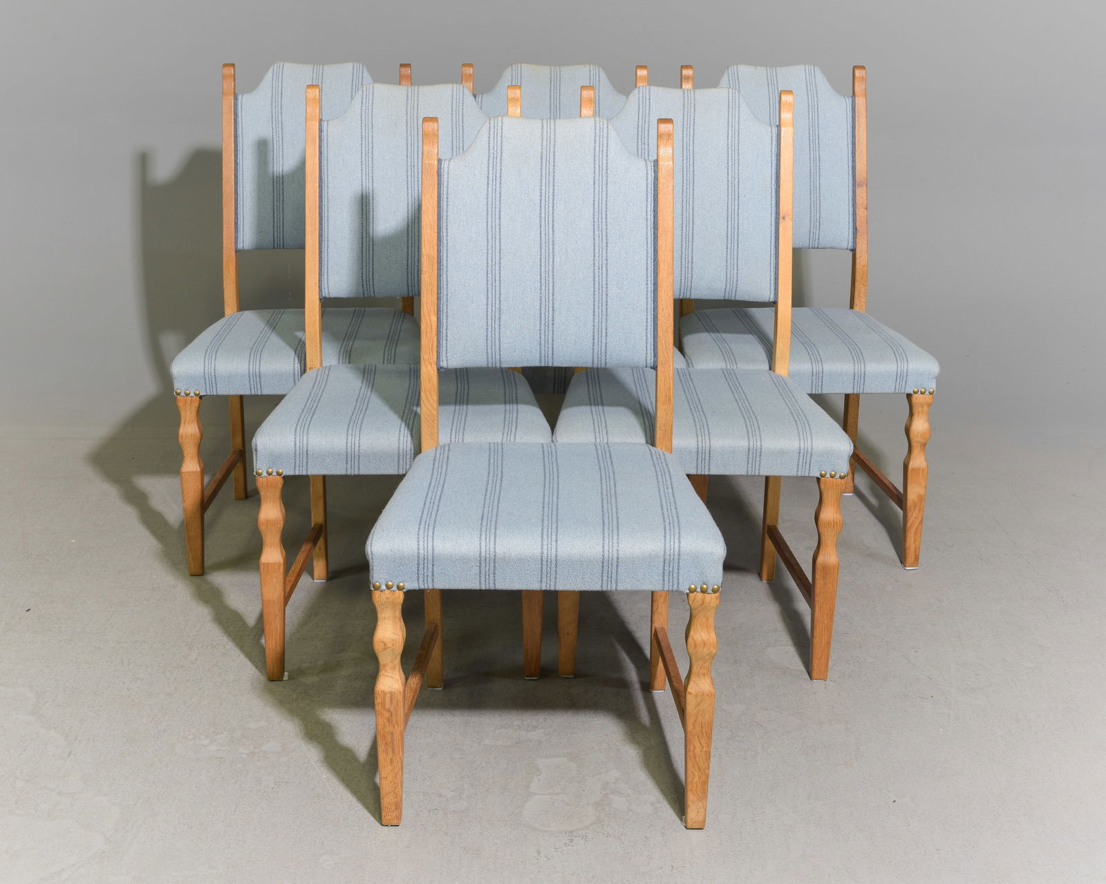 Danish Oak Set of 6 Dining Chairs: Danish Oak Set of 6 Dining Chairs with Light Blue Upholstery - 37.5 in tall x 19.5 x 20.5 each with a seat height of 17.5 inches - Similar in style to / possibly by : S. Thrane & Son / Henning Kjaernu