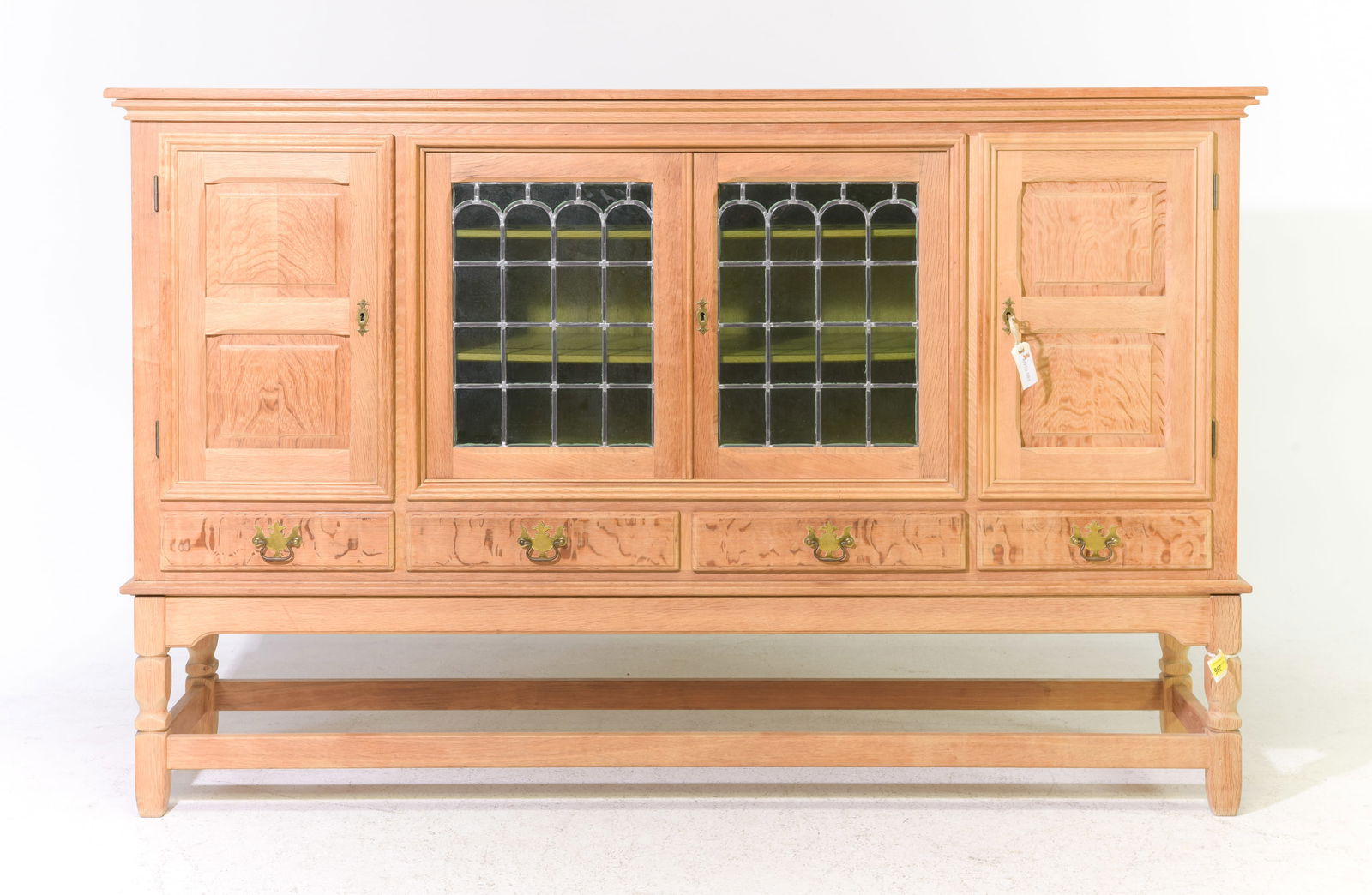 Danish Oak Leaded Glass Sideboard / Cupboard: Danish Oak Leaded Glass Sideboard / Cupboard - 52.5 in tall x 82 x 18.5 - Similar in style to / possibly by : S. Thrane & Son / Henning Kjaernulf / Guillerme & Chambron.